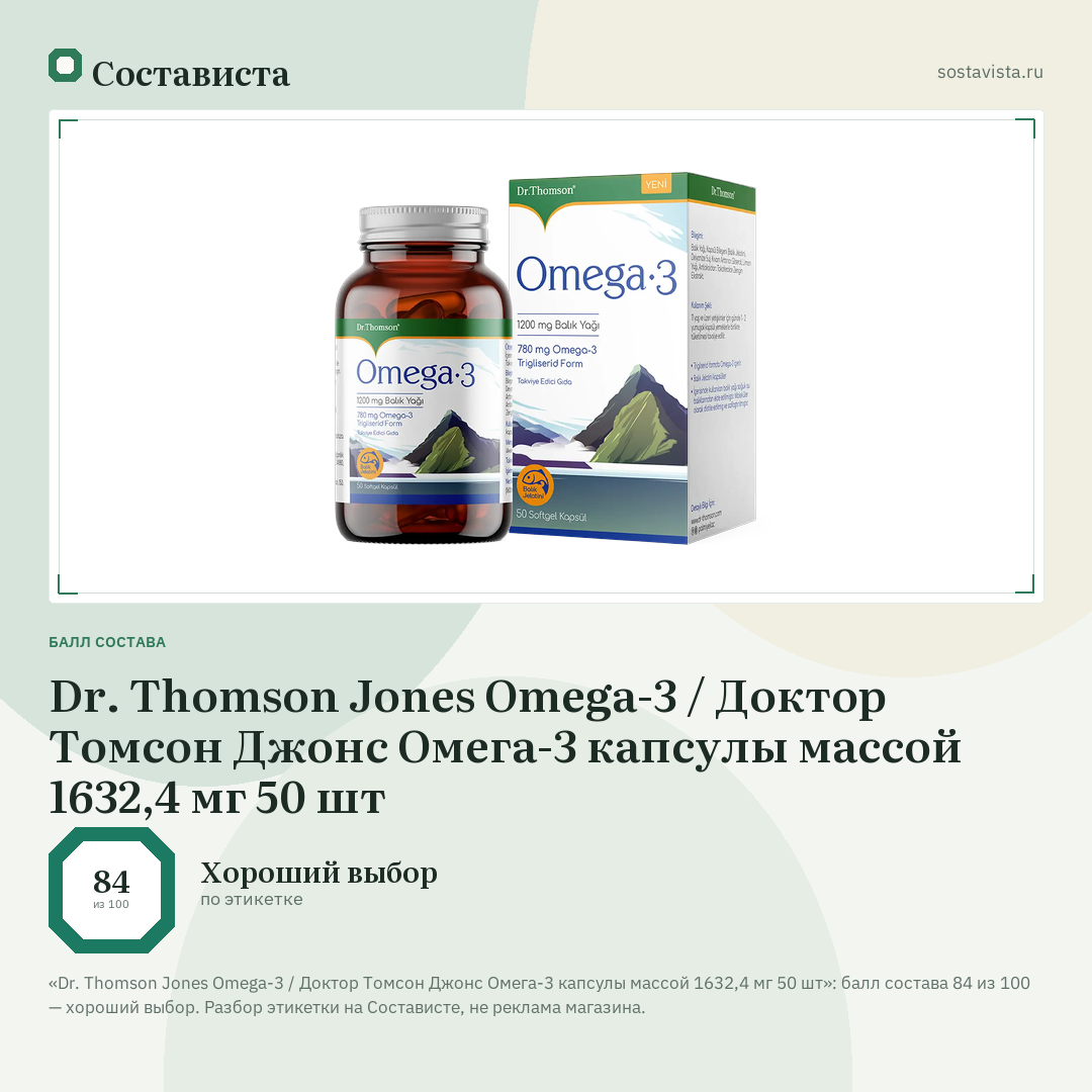 Dr. Thomson Jones Omega-3 / Доктор Томсон Джонс Омега-3 капсулы массой 1632,4 мг 50 шт: балл состава 84 из 100 — Состависта