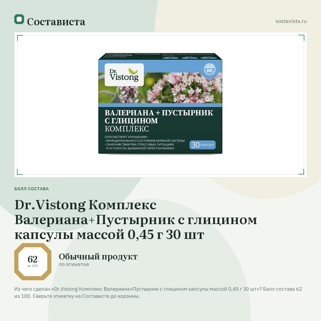 Dr.Vistong Комплекс Валериана+Пустырник с глицином капсулы массой 0,45 г 30 шт: балл состава 62 из 100 — Состависта