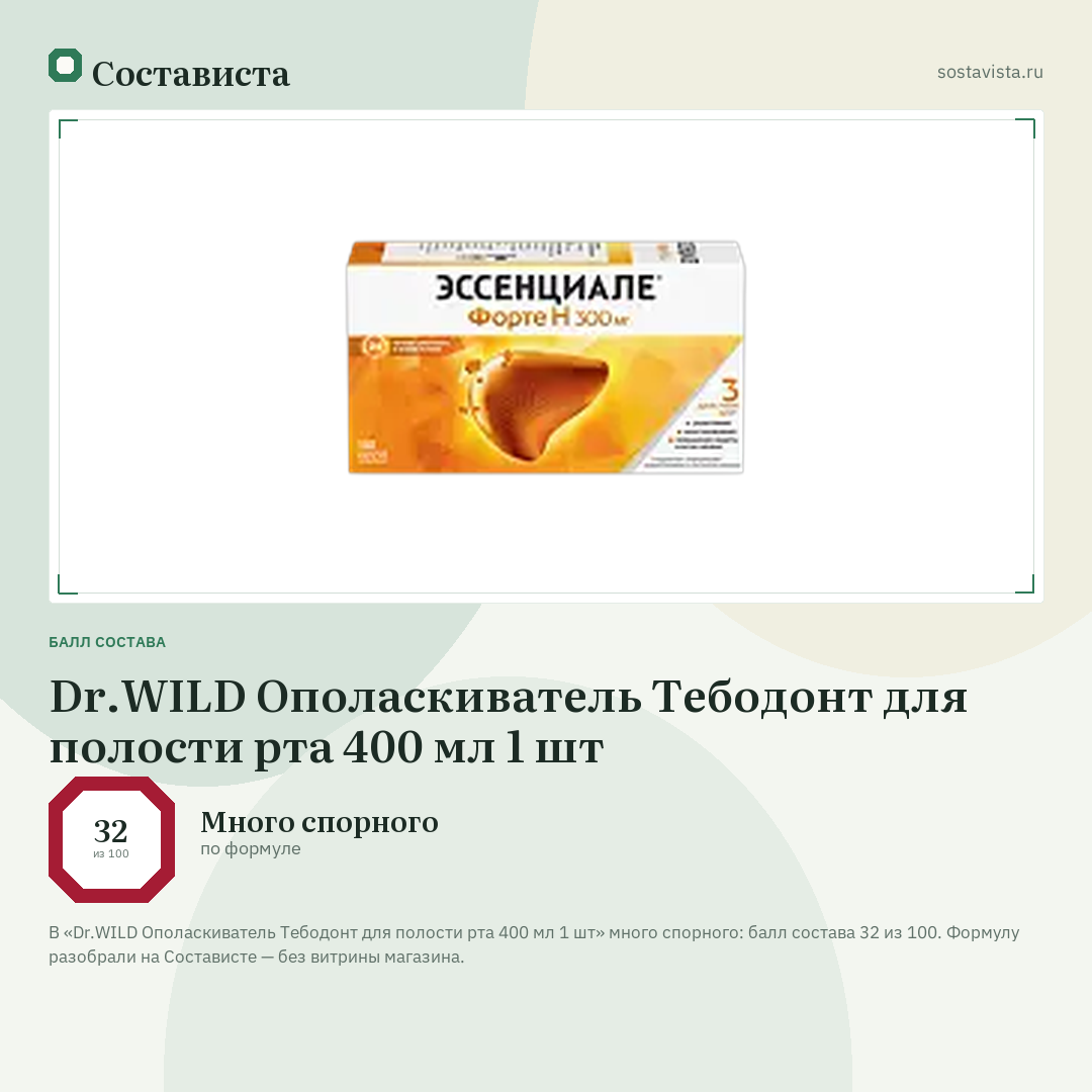 Dr.WILD Ополаскиватель Тебодонт для полости рта 400 мл 1 шт: балл состава 32 из 100 — Состависта