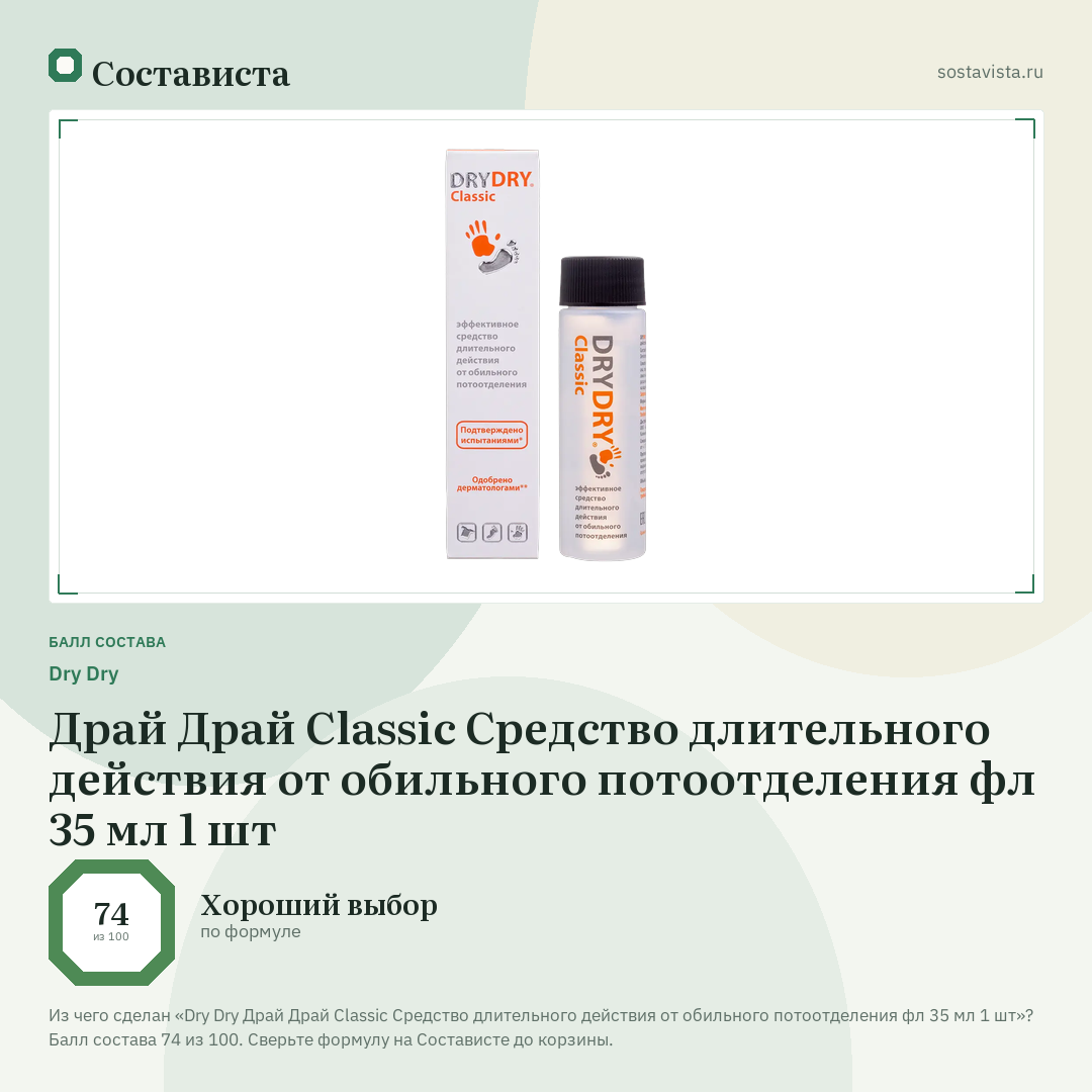 Dry Dry Драй Драй Classic Средство длительного действия от обильного потоотделения фл 35 мл 1 шт: балл состава 74 из 100 — Состависта