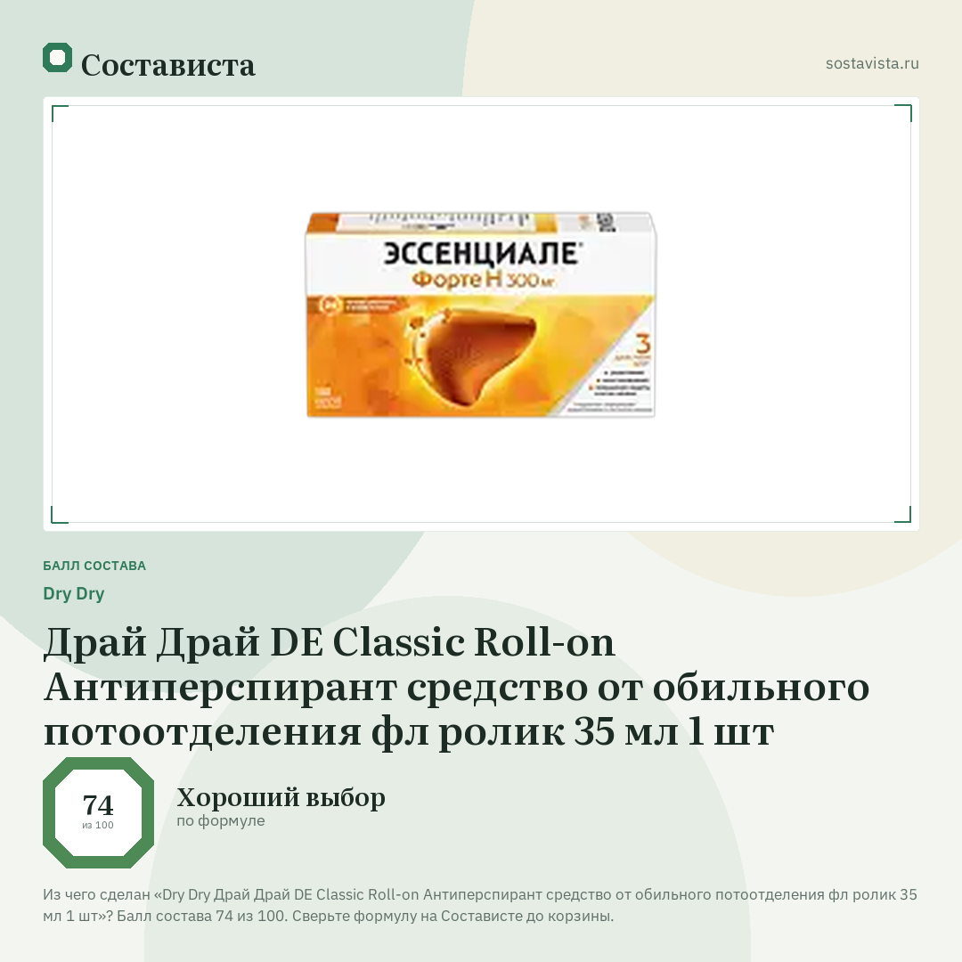 Dry Dry Драй Драй DE Classic Roll-on Антиперспирант средство от обильного потоотделения фл ролик 35 мл 1 шт: балл состава 74 из 100 — Состависта