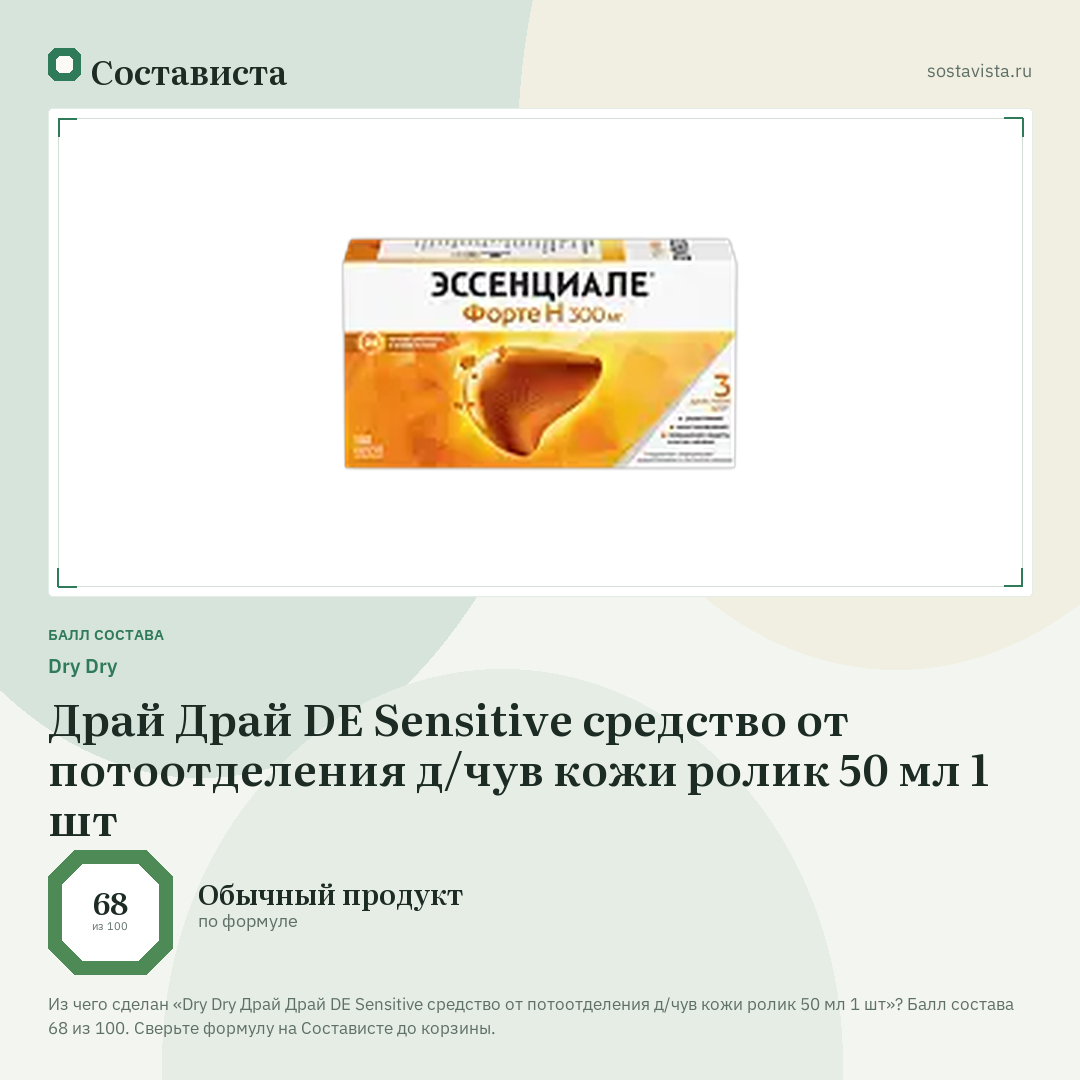 Dry Dry Драй Драй DE Sensitive средство от потоотделения д/чув кожи ролик 50 мл 1 шт: балл состава 68 из 100 — Состависта