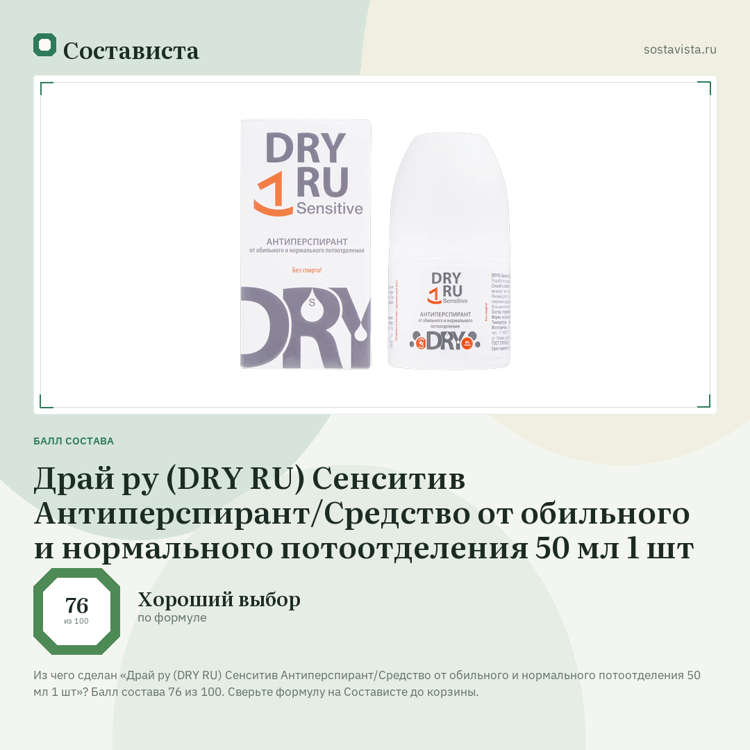 Драй ру (DRY RU) Сенситив Антиперспирант/Средство от обильного и нормального потоотделения 50 мл 1 шт: балл состава 76 из 100 — Состависта