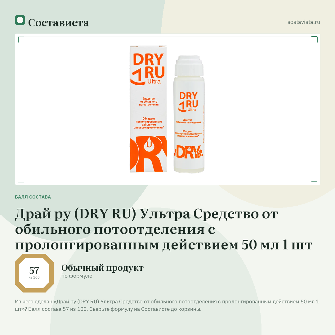 Драй ру (DRY RU) Ультра Средство от обильного потоотделения с пролонгированным действием 50 мл 1 шт: балл состава 57 из 100 — Состависта
