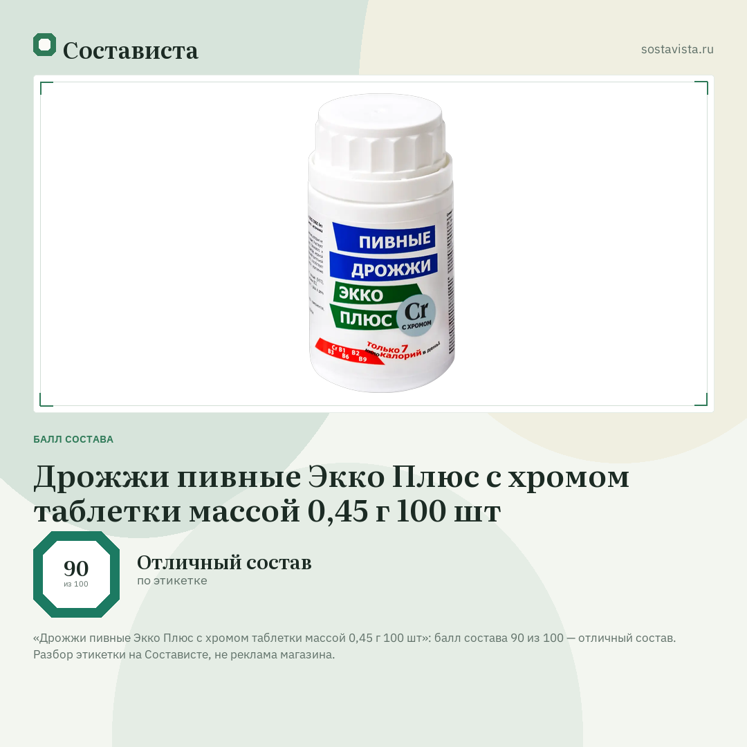 Дрожжи пивные Экко Плюс с хромом таблетки массой 0,45 г 100 шт: балл состава 90 из 100 — Состависта