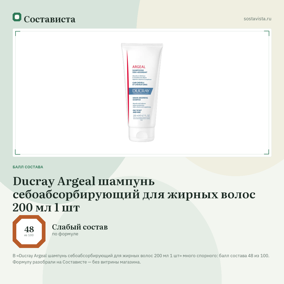Ducray Argeal шампунь себоабсорбирующий для жирных волос 200 мл 1 шт: балл состава 48 из 100 — Состависта