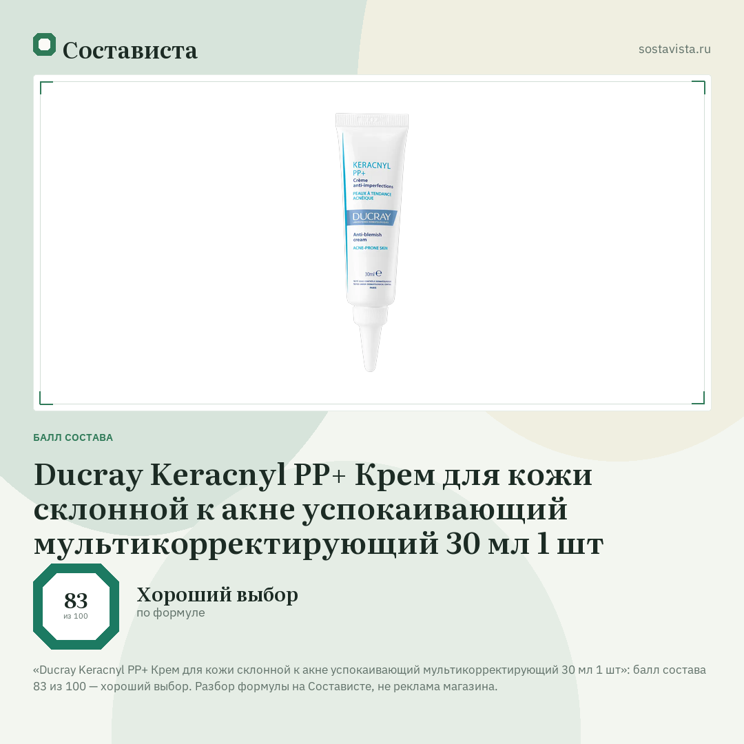 Ducray Keracnyl PP+ Крем для кожи склонной к акне успокаивающий мультикорректирующий 30 мл 1 шт: балл состава 83 из 100 — Состависта