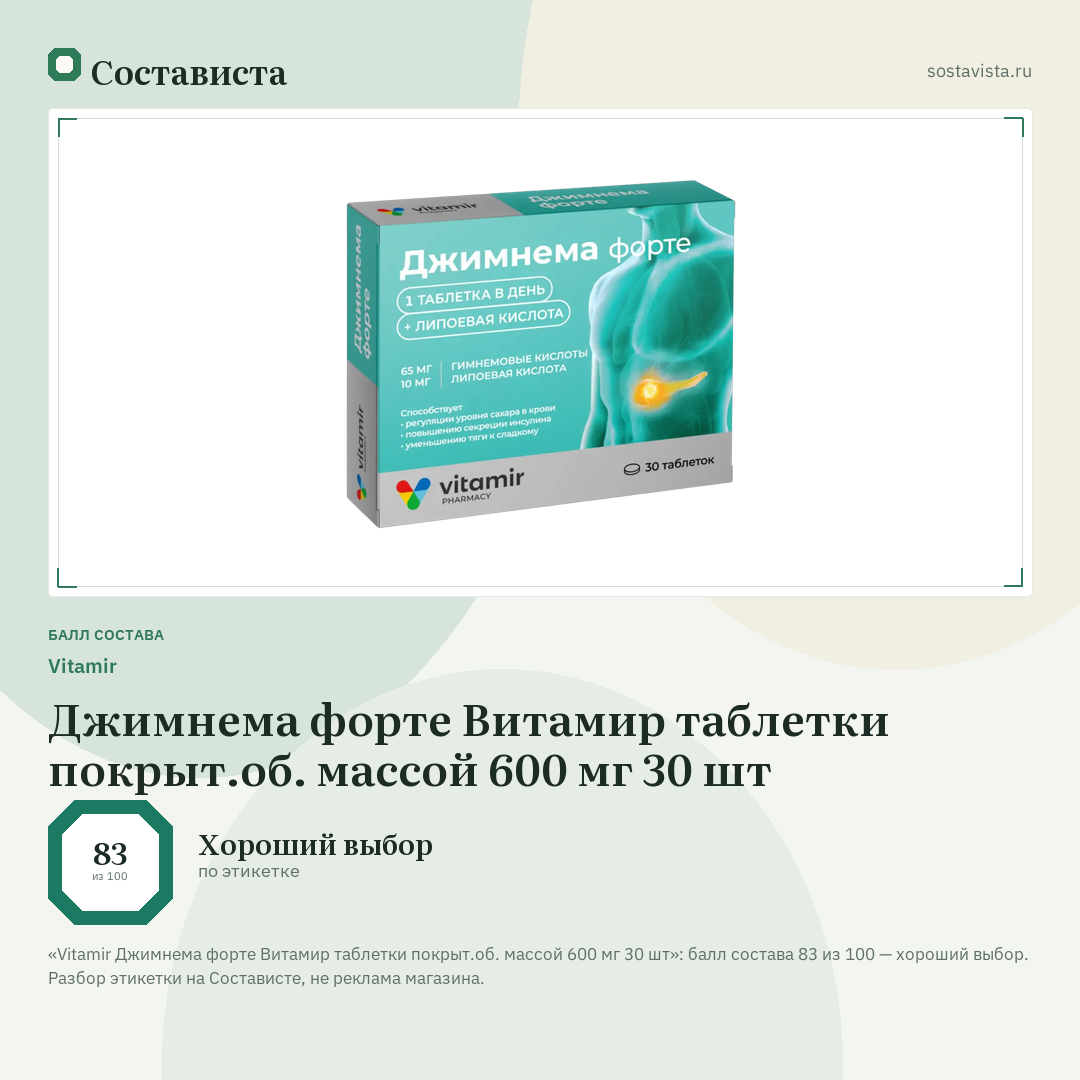 Vitamir Джимнема форте Витамир таблетки покрыт.об. массой 600 мг 30 шт: балл состава 83 из 100 — Состависта