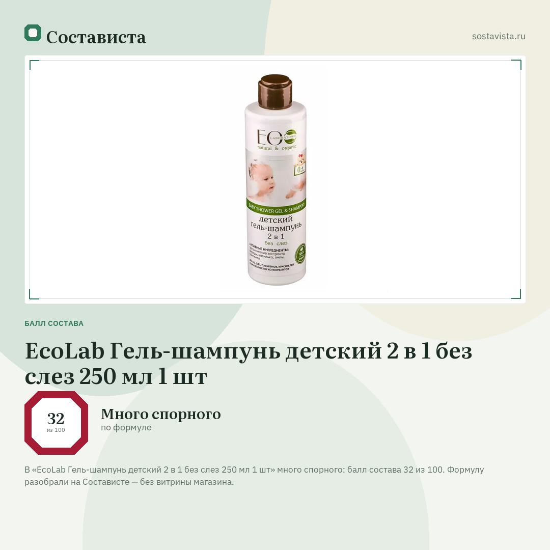 EcoLab Гель-шампунь детский 2 в 1 без слез 250 мл 1 шт: балл состава 32 из 100 — Состависта