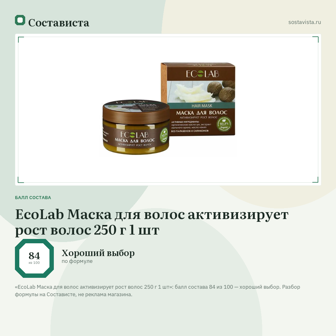 EcoLab Маска для волос активизирует рост волос 250 г 1 шт: балл состава 84 из 100 — Состависта