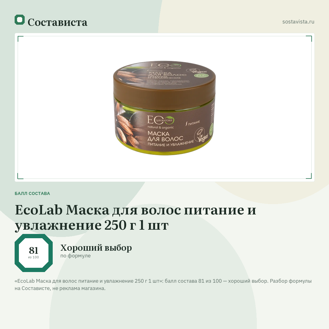 EcoLab Маска для волос питание и увлажнение 250 г 1 шт: балл состава 81 из 100 — Состависта