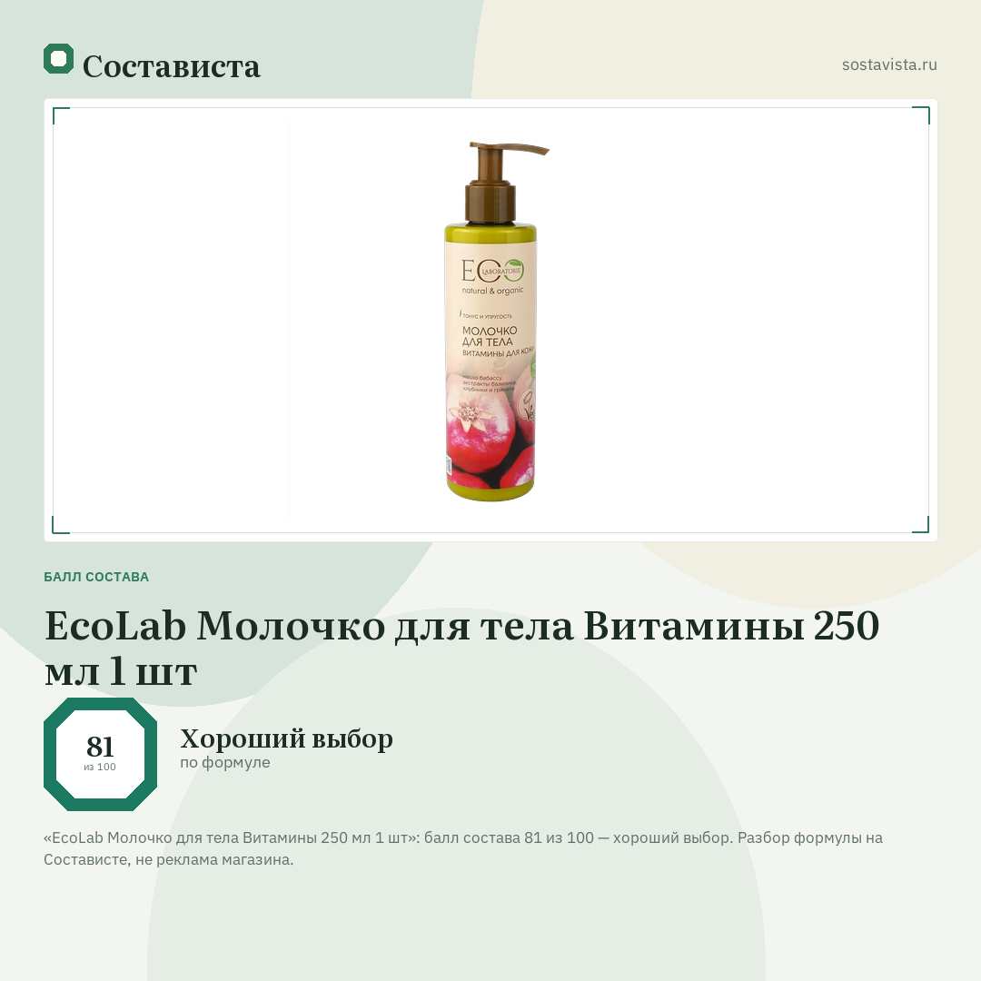 EcoLab Молочко для тела Витамины 250 мл 1 шт: балл состава 81 из 100 — Состависта