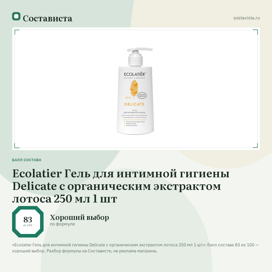 Ecolatier Гель для интимной гигиены Delicate с органическим экстрактом лотоса 250 мл 1 шт: балл состава 83 из 100 — Состависта