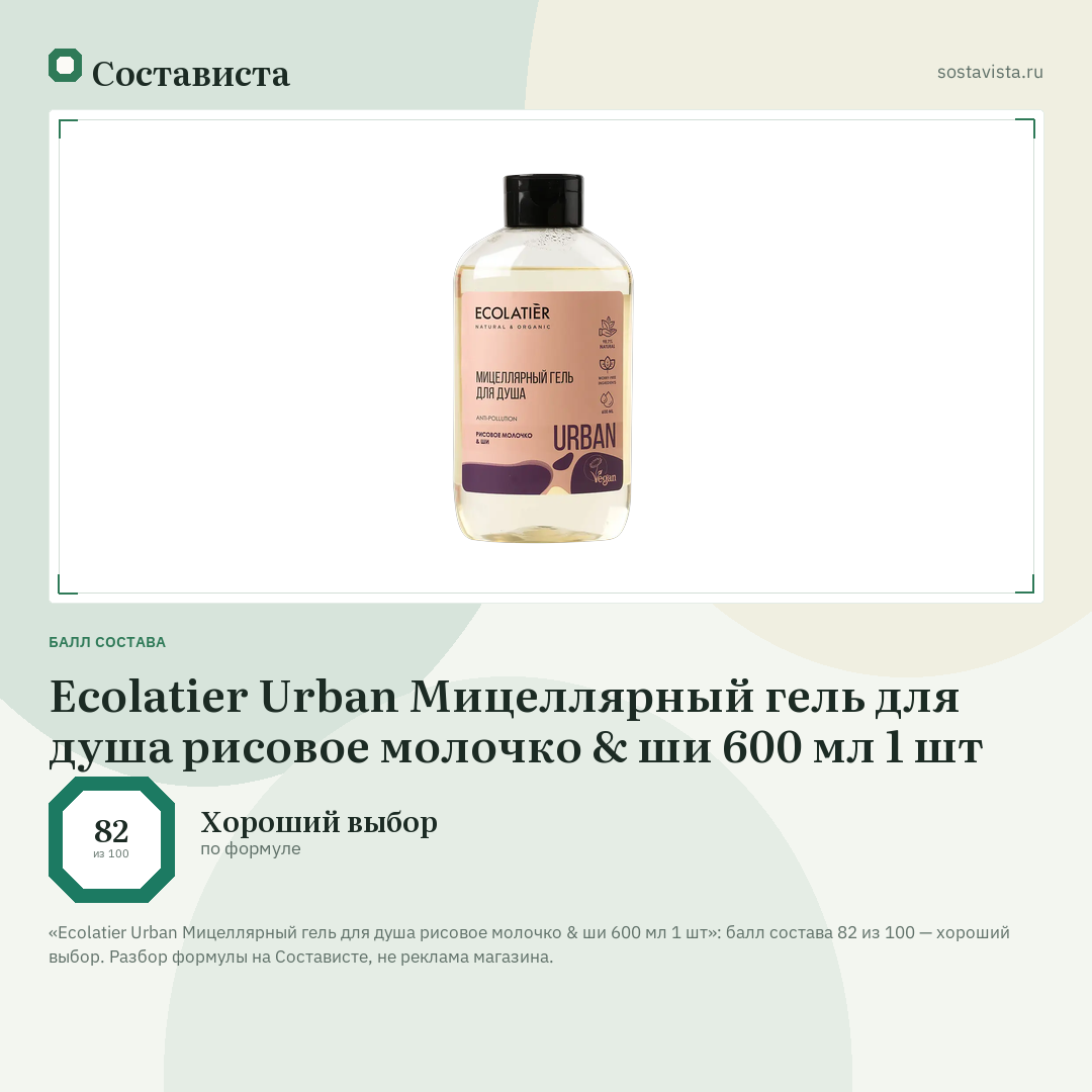 Ecolatier Urban Мицеллярный гель для душа рисовое молочко & ши 600 мл 1 шт: балл состава 82 из 100 — Состависта