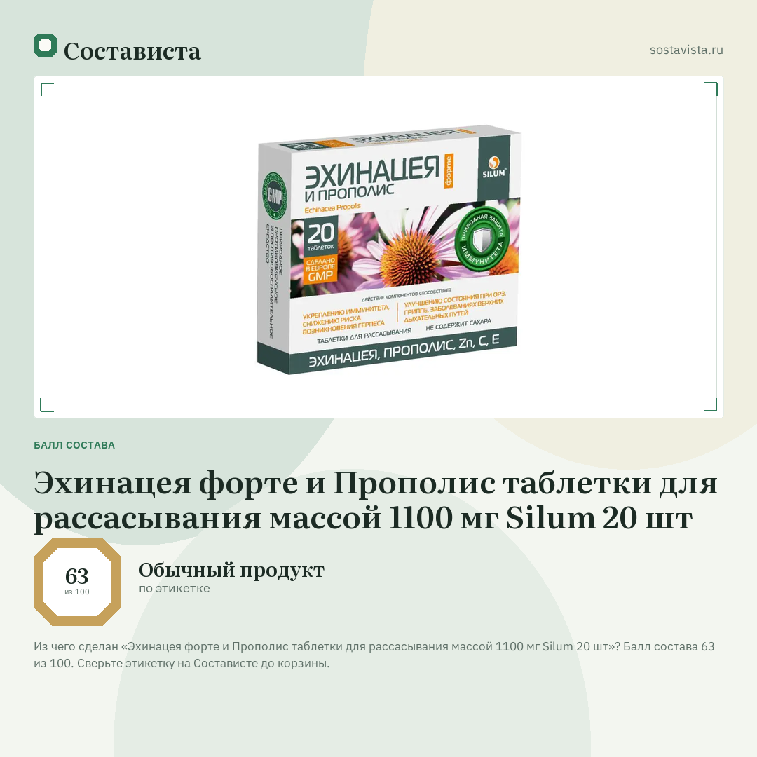 Эхинацея форте и Прополис таблетки для рассасывания массой 1100 мг Silum 20 шт: балл состава 63 из 100 — Состависта