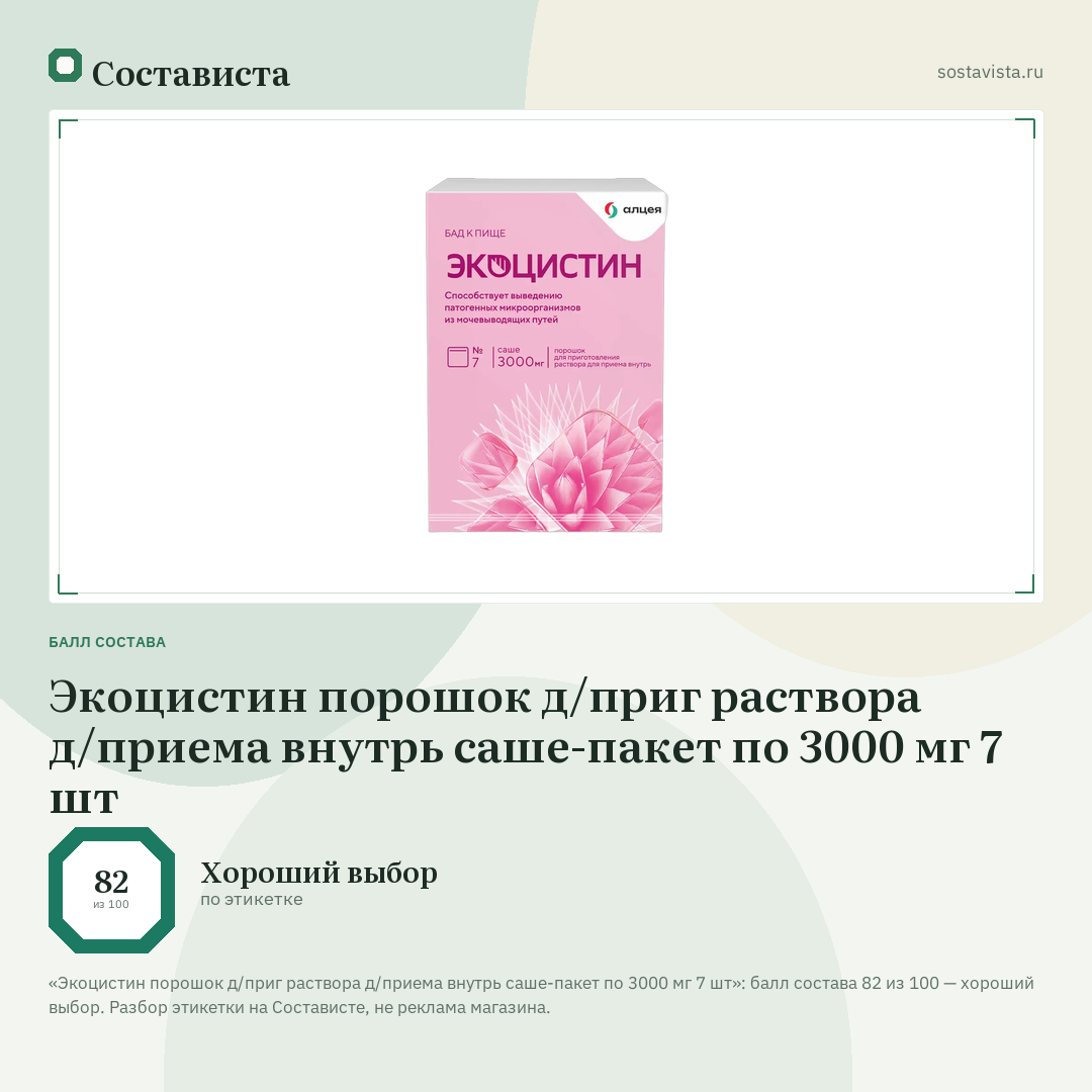 Экоцистин порошок д/приг раствора д/приема внутрь саше-пакет по 3000 мг 7 шт: балл состава 82 из 100 — Состависта