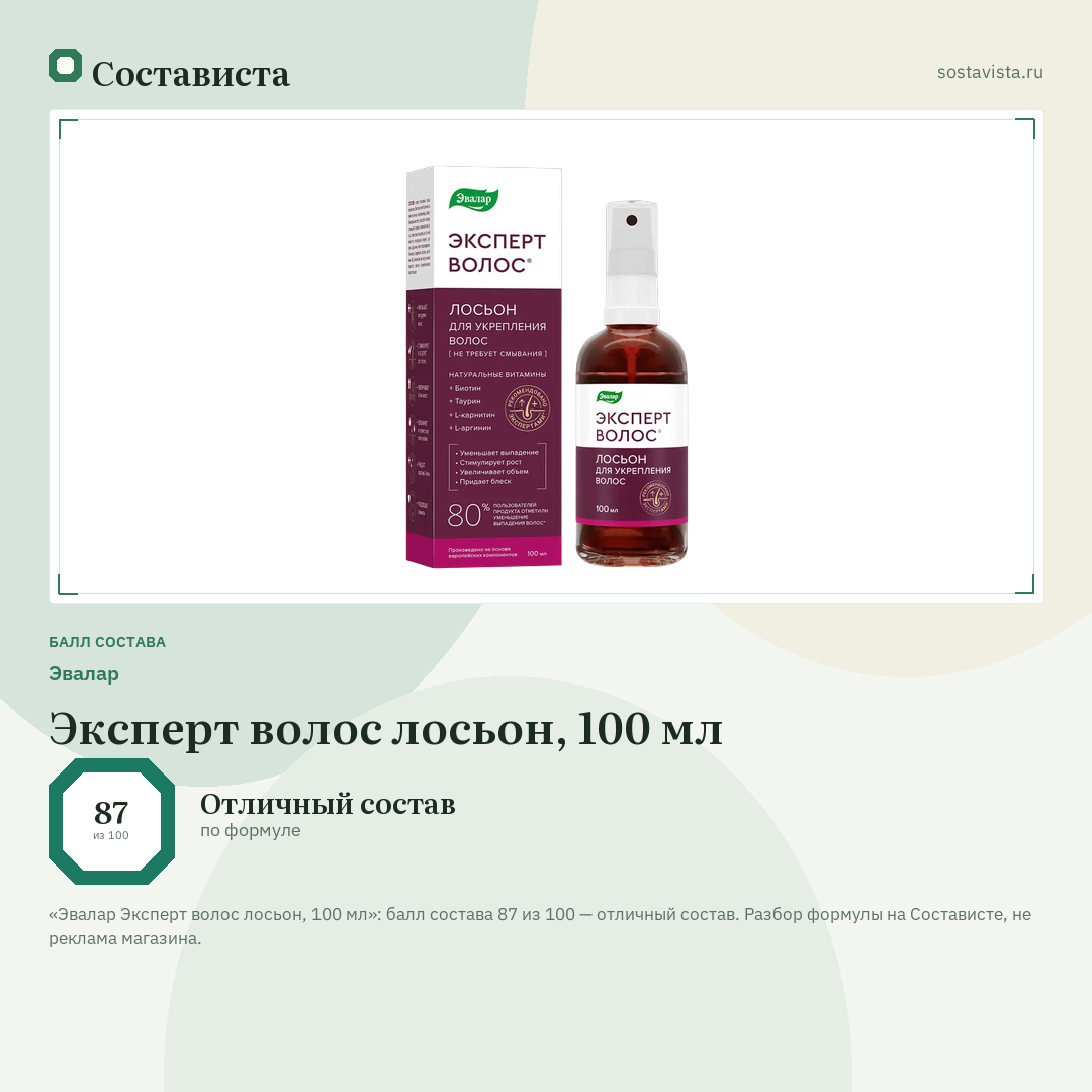 Эвалар Эксперт волос лосьон, 100 мл: балл состава 87 из 100 — Состависта