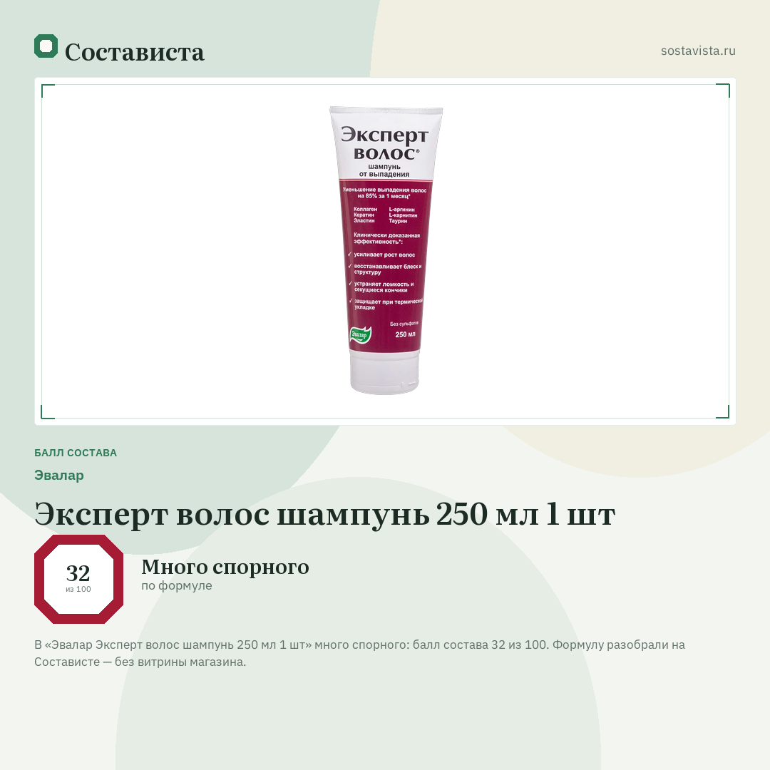 Эвалар Эксперт волос шампунь 250 мл 1 шт: балл состава 32 из 100 — Состависта