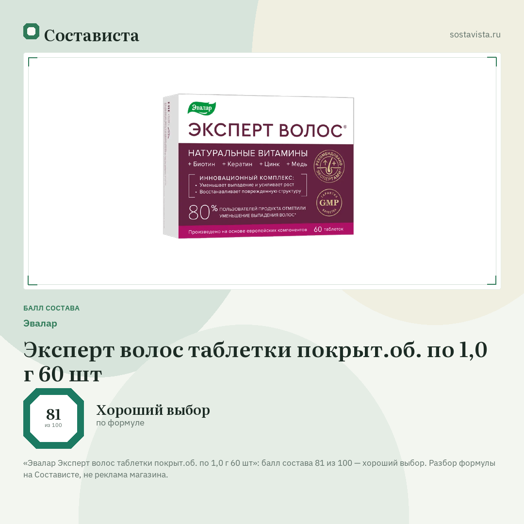 Эвалар Эксперт волос таблетки покрыт.об. по 1,0 г 60 шт: балл состава 81 из 100 — Состависта