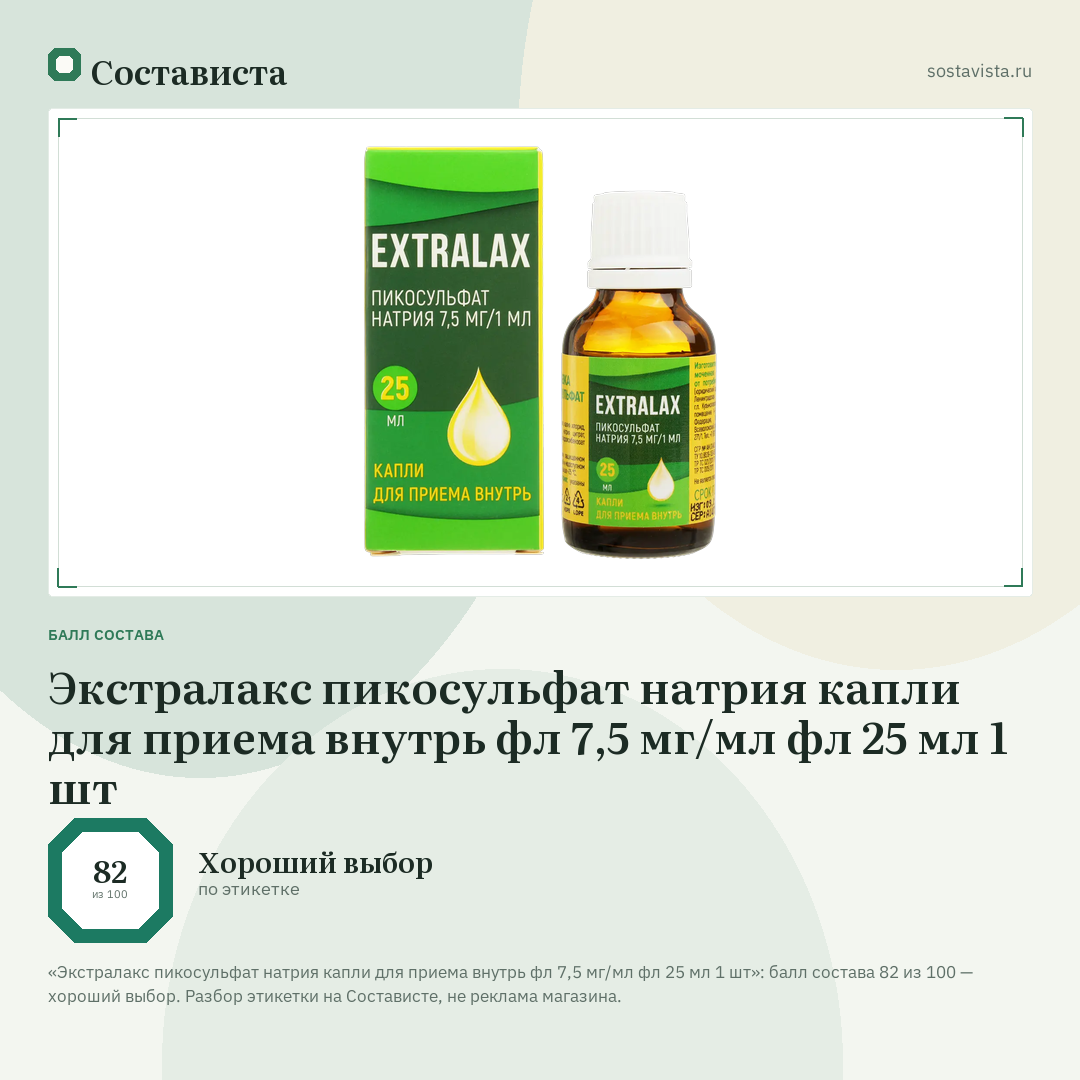 Экстралакс пикосульфат натрия капли для приема внутрь фл 7,5 мг/мл фл 25 мл 1 шт: балл состава 82 из 100 — Состависта