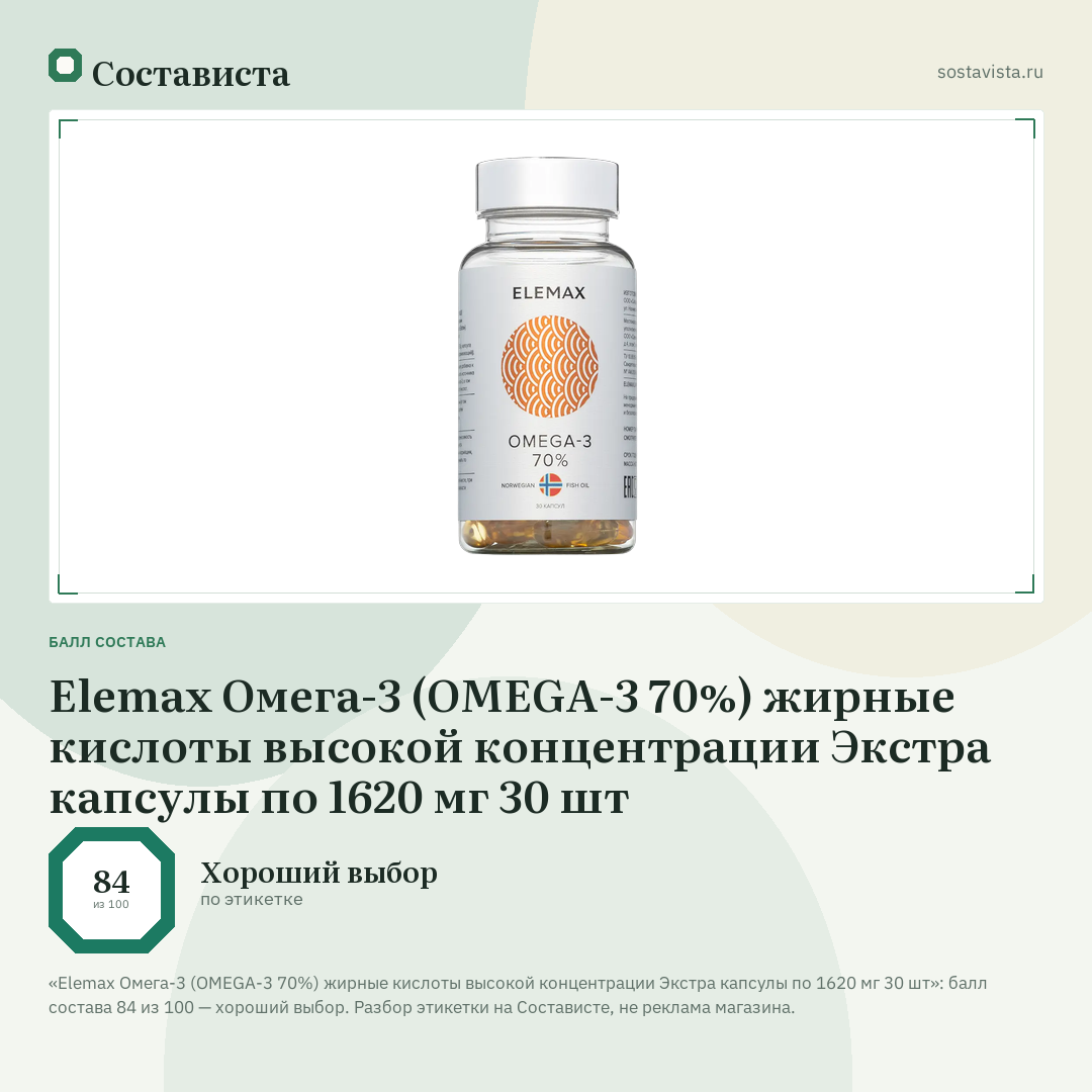 Elemax Омега-3 (OMEGA-3 70%) жирные кислоты высокой концентрации Экстра капсулы по 1620 мг 30 шт: балл состава 84 из 100 — Состависта