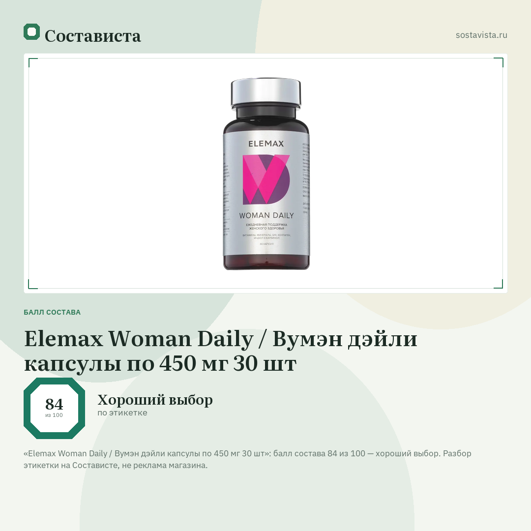 Elemax Woman Daily / Вумэн дэйли капсулы по 450 мг 30 шт: балл состава 84 из 100 — Состависта