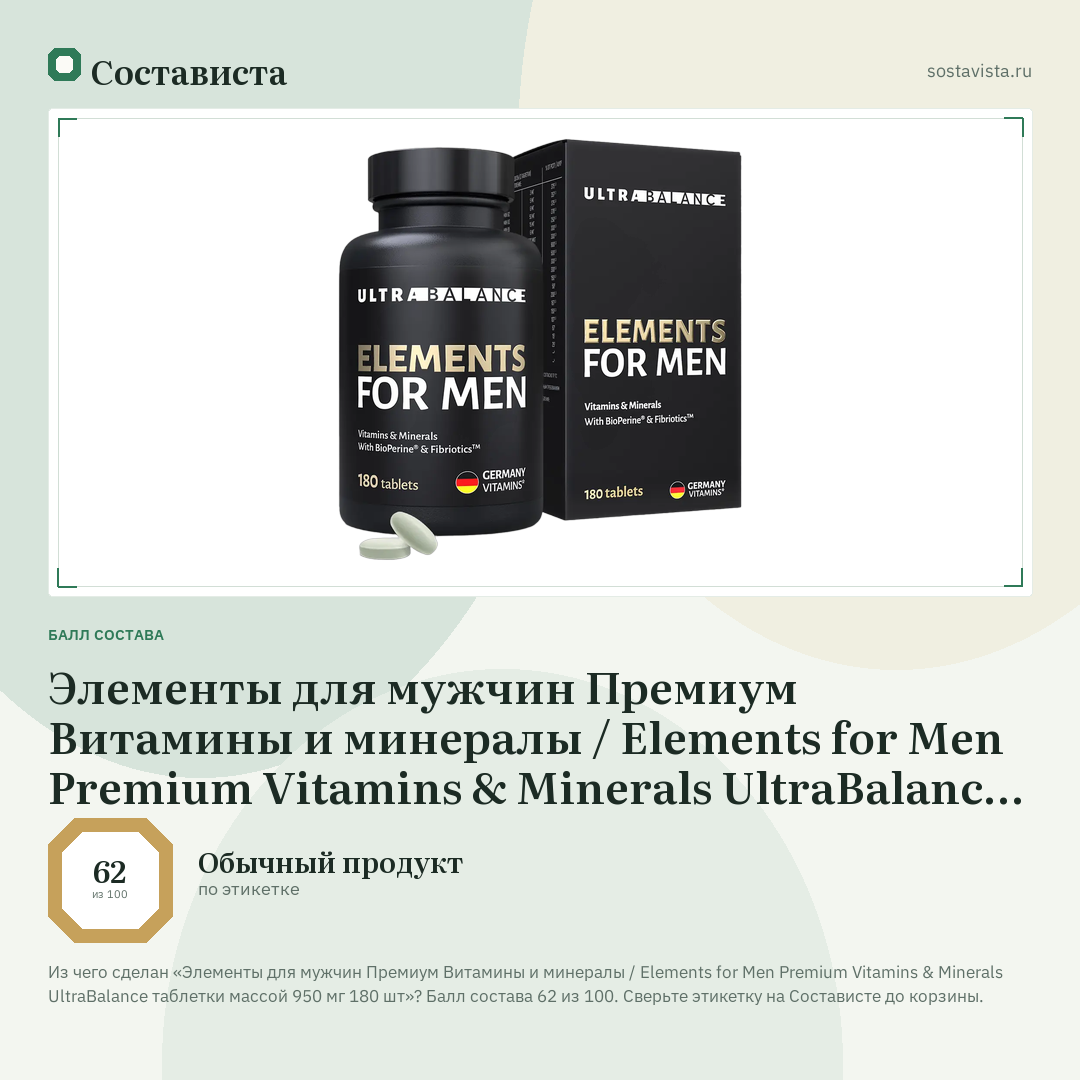 Элементы для мужчин Премиум Витамины и минералы / Elements for Men Premium Vitamins & Minerals UltraBalance таблетки массой 950 мг 180 шт: балл состава 62 из 100 — Состависта