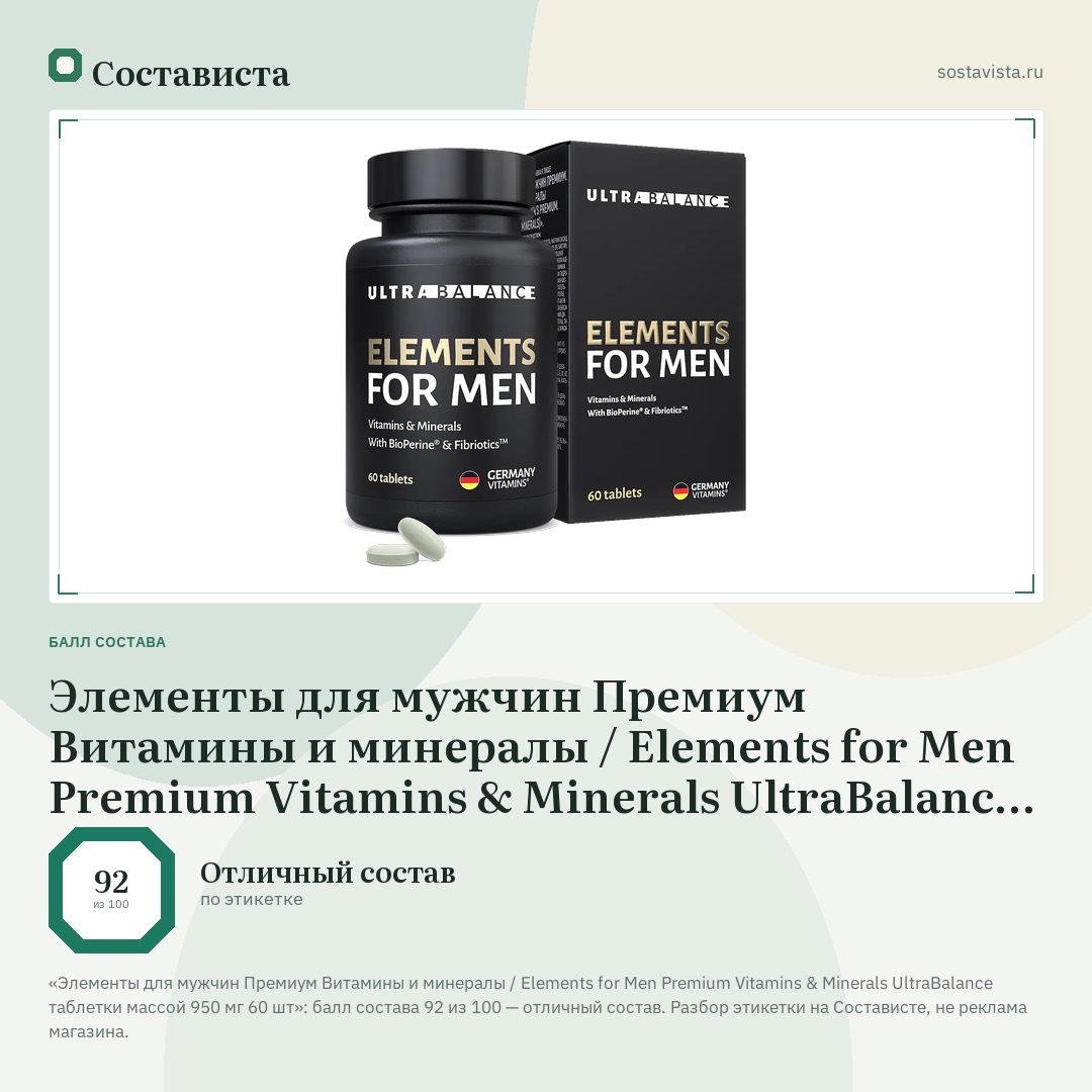 Элементы для мужчин Премиум Витамины и минералы / Elements for Men Premium Vitamins & Minerals UltraBalance таблетки массой 950 мг 60 шт: балл состава 92 из 100 — Состависта