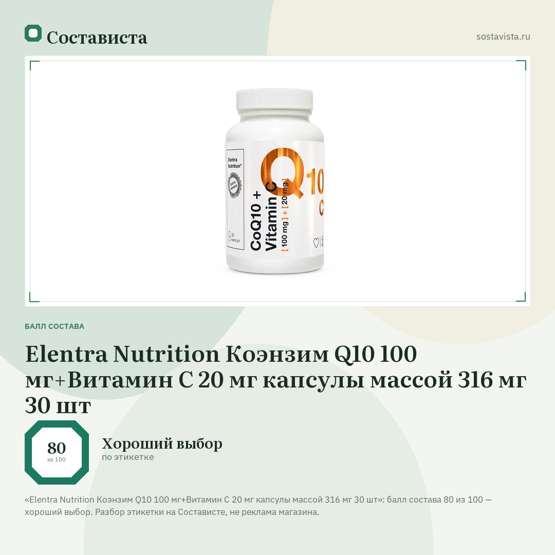 Elentra Nutrition Коэнзим Q10 100 мг+Витамин С 20 мг капсулы массой 316 мг 30 шт: балл состава 80 из 100 — Состависта