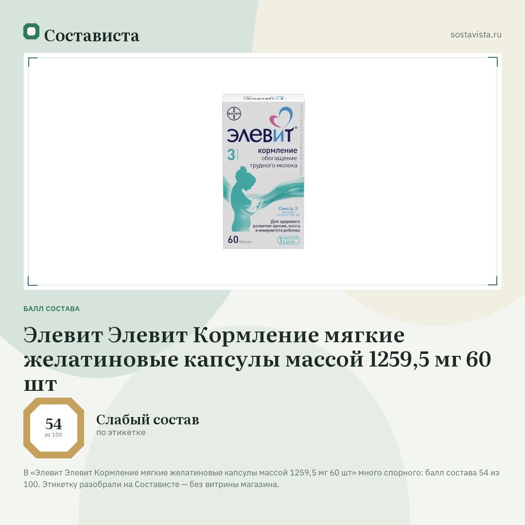 Элевит Элевит Кормление мягкие желатиновые капсулы массой 1259,5 мг 60 шт: балл состава 54 из 100 — Состависта