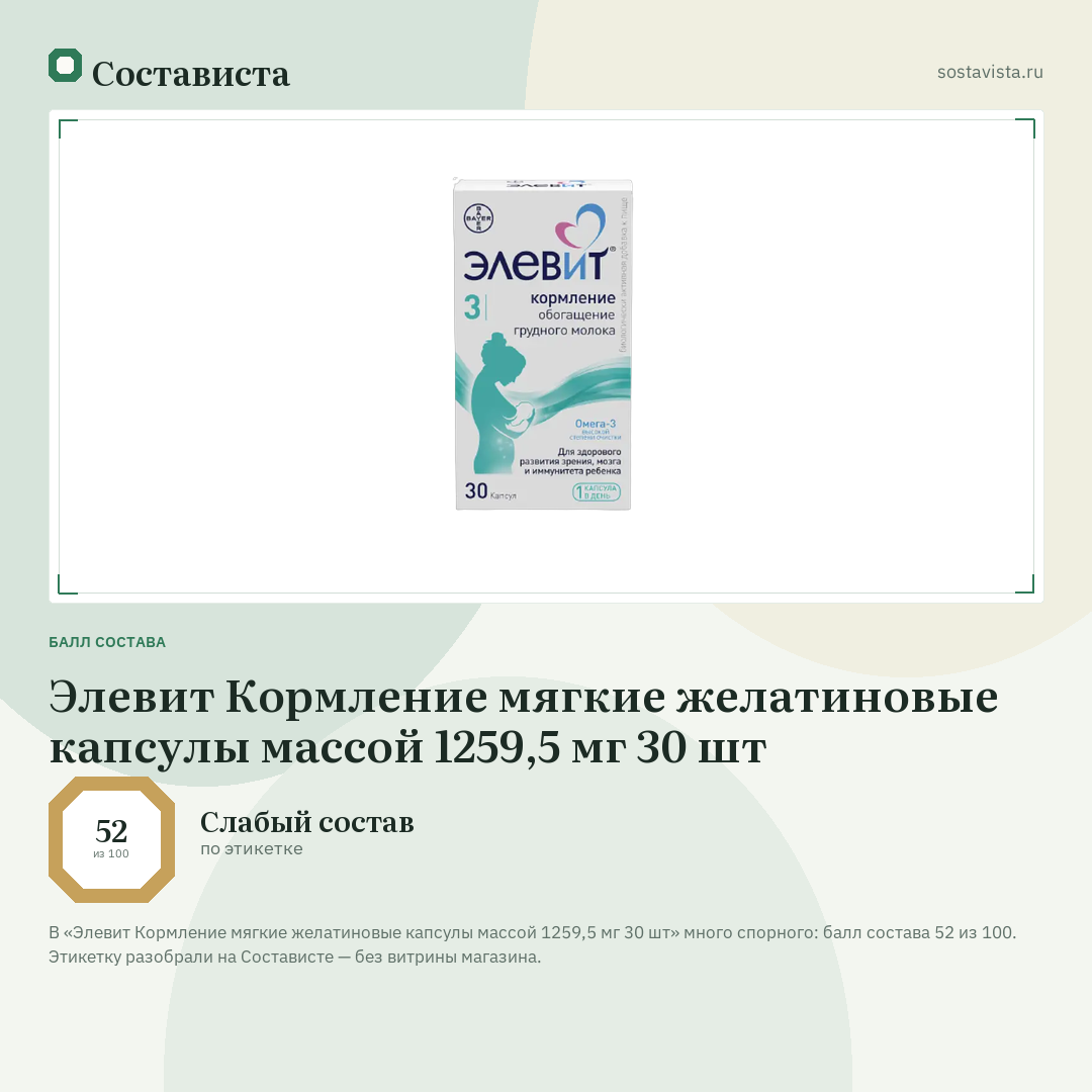 Элевит Кормление мягкие желатиновые капсулы массой 1259,5 мг 30 шт: балл состава 52 из 100 — Состависта