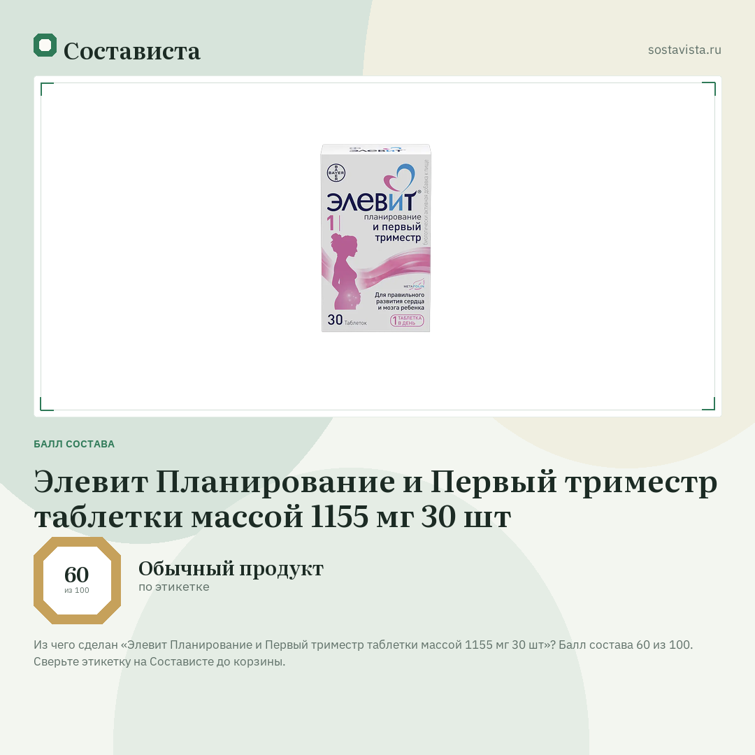 Элевит Планирование и Первый триместр таблетки массой 1155 мг 30 шт: балл состава 60 из 100 — Состависта