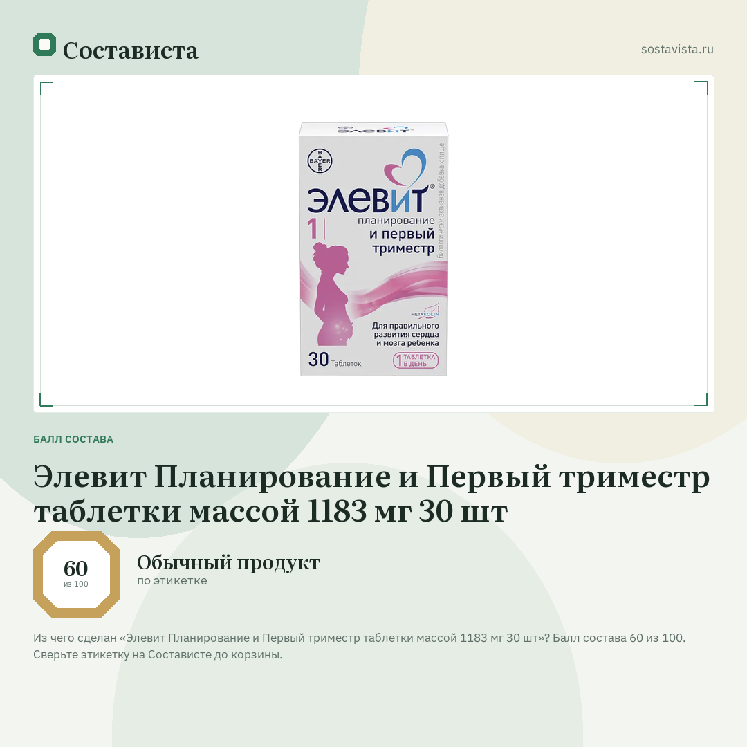 Элевит Планирование и Первый триместр таблетки массой 1183 мг 30 шт: балл состава 60 из 100 — Состависта