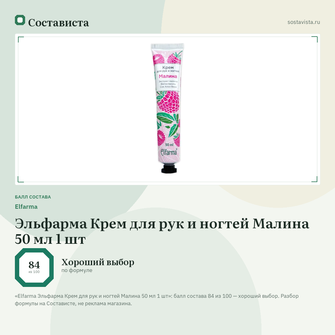 Elfarma Эльфарма Крем для рук и ногтей Малина 50 мл 1 шт: балл состава 84 из 100 — Состависта
