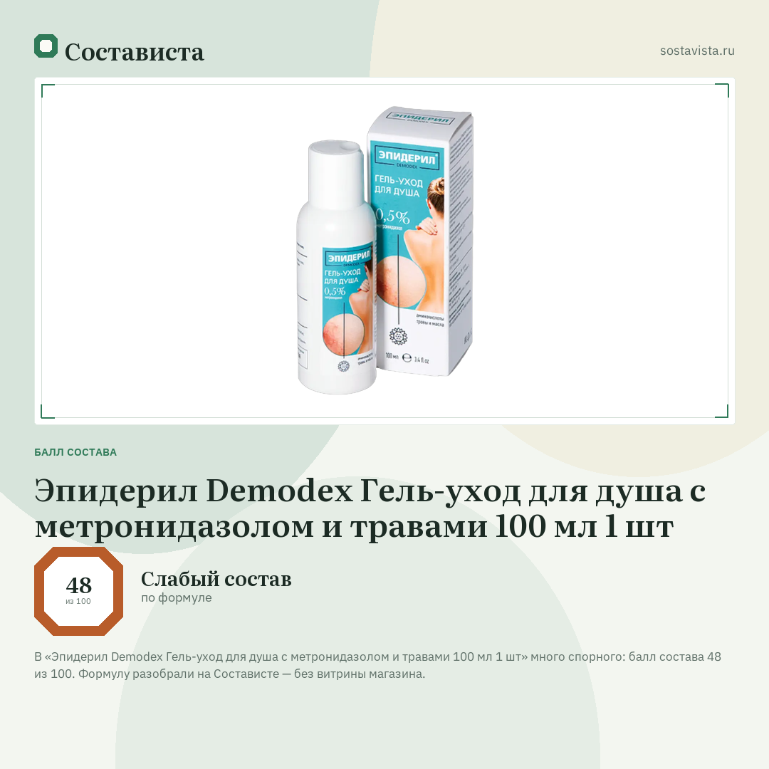 Эпидерил Demodex Гель-уход для душа с метронидазолом и травами 100 мл 1 шт: балл состава 48 из 100 — Состависта