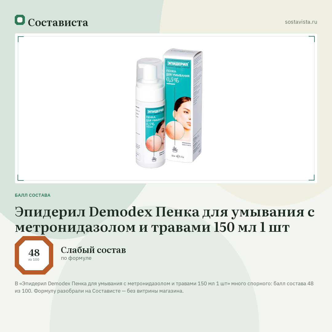 Эпидерил Demodex Пенка для умывания с метронидазолом и травами 150 мл 1 шт: балл состава 48 из 100 — Состависта