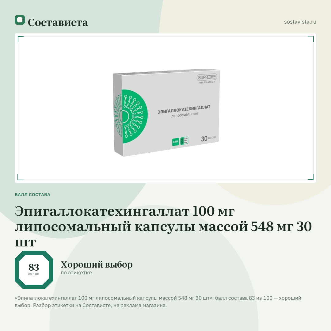 Эпигаллокатехингаллат 100 мг липосомальный капсулы массой 548 мг 30 шт: балл состава 83 из 100 — Состависта