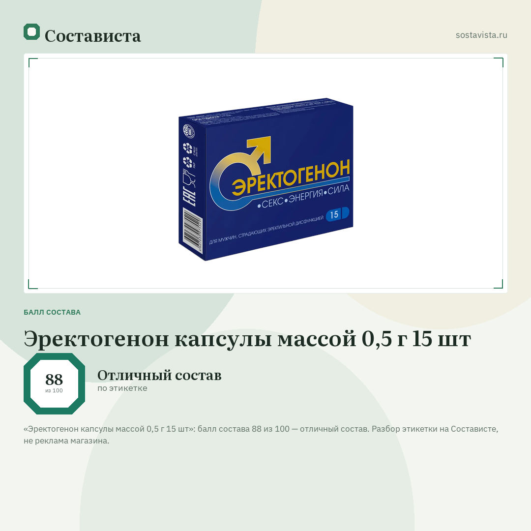 Эректогенон капсулы массой 0,5 г 15 шт: балл состава 88 из 100 — Состависта