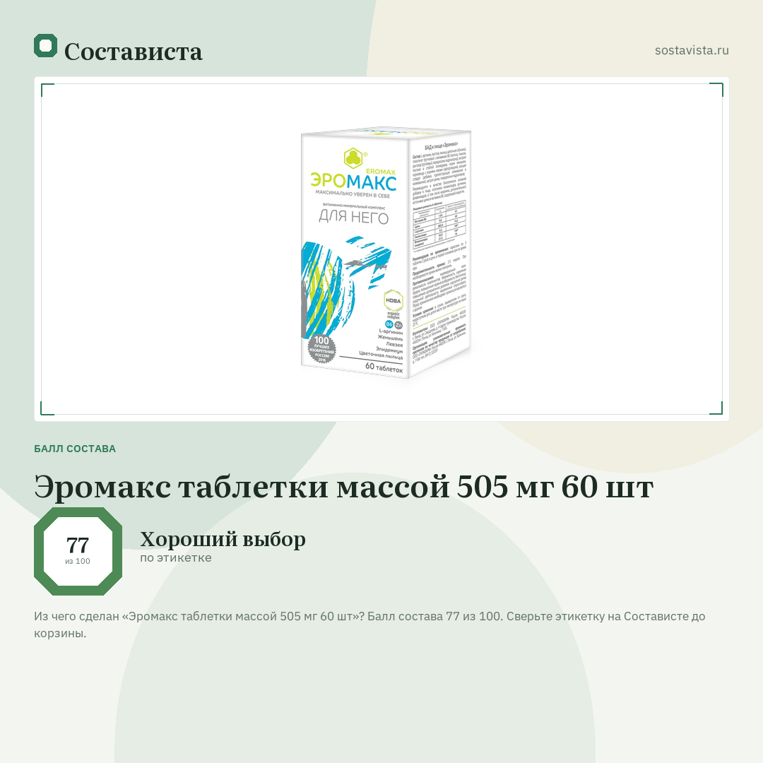 Эромакс таблетки массой 505 мг 60 шт: балл состава 77 из 100 — Состависта
