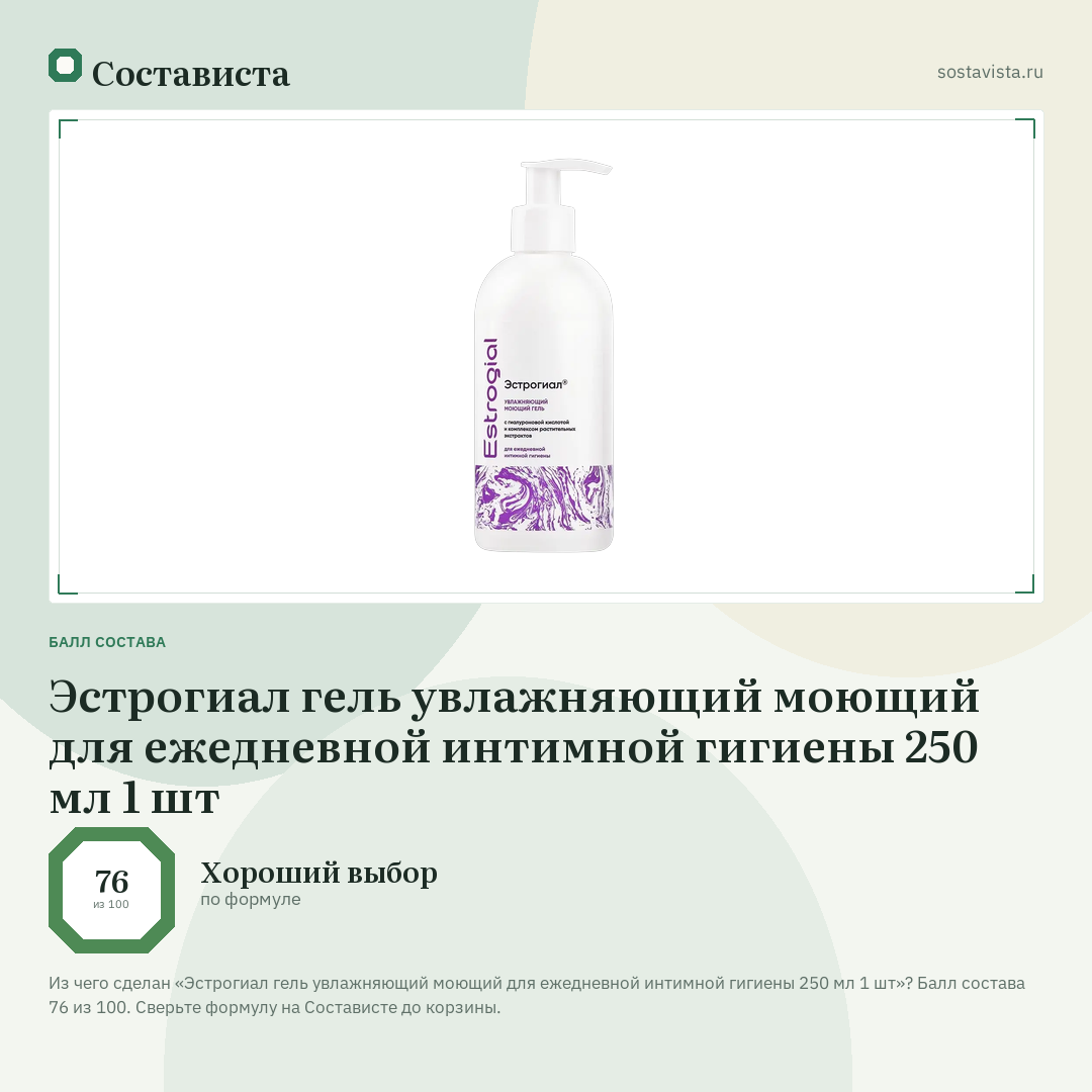 Эстрогиал гель увлажняющий моющий для ежедневной интимной гигиены 250 мл 1 шт: балл состава 76 из 100 — Состависта