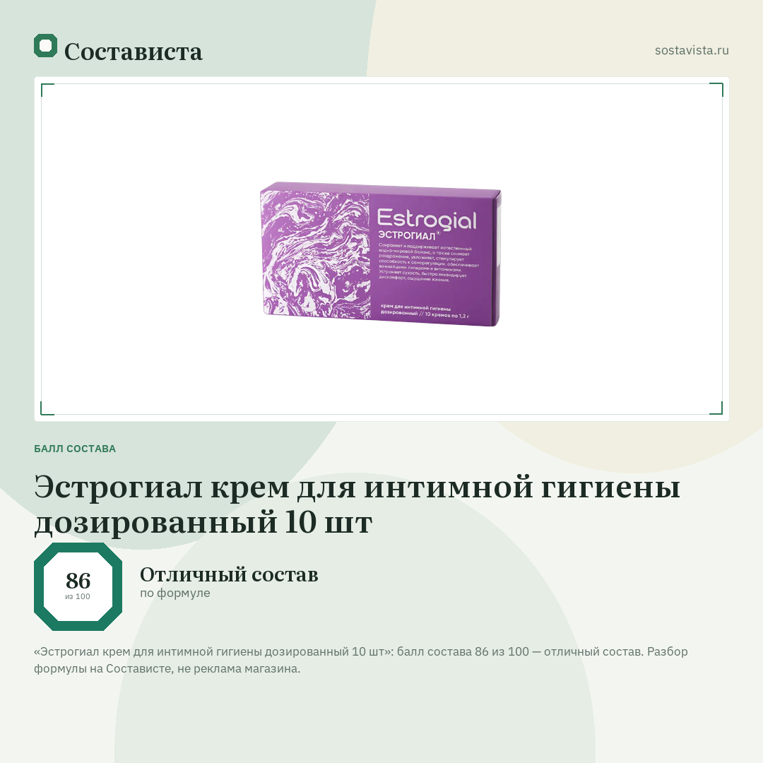 Эстрогиал крем для интимной гигиены дозированный 10 шт: балл состава 86 из 100 — Состависта