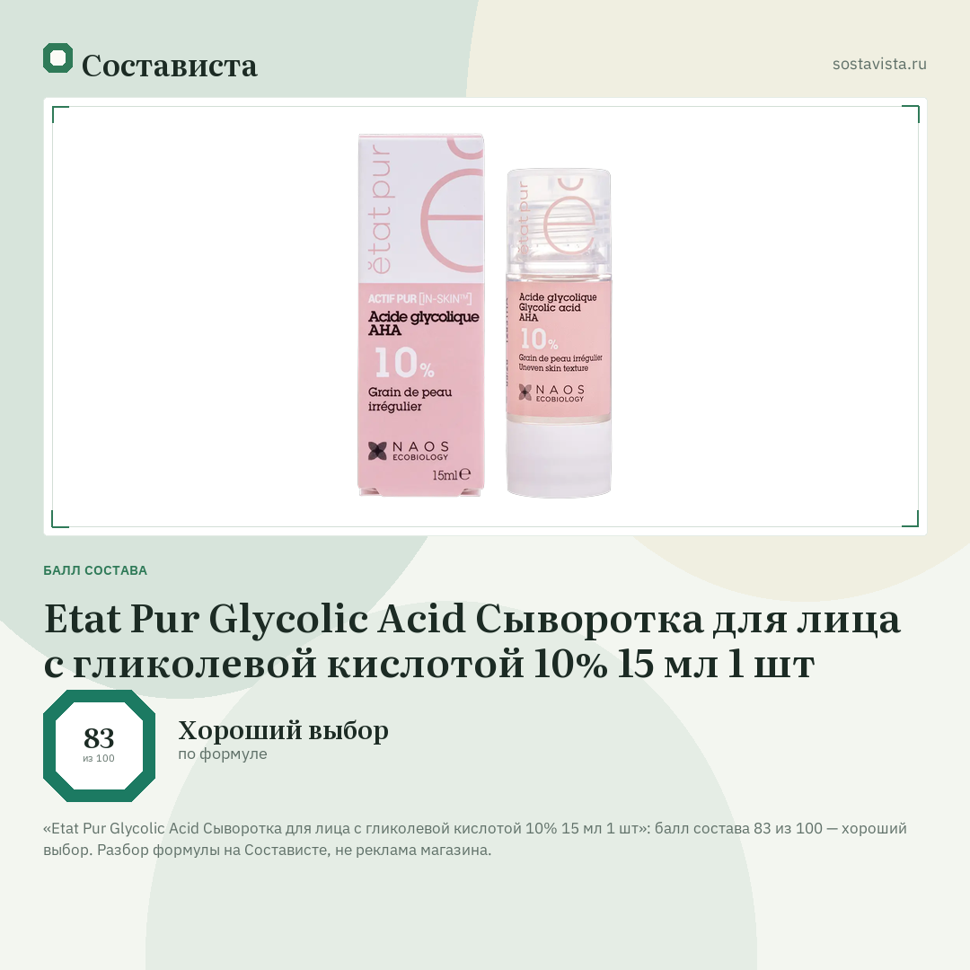 Etat Pur Glycolic Acid Сыворотка для лица с гликолевой кислотой 10% 15 мл 1 шт: балл состава 83 из 100 — Состависта