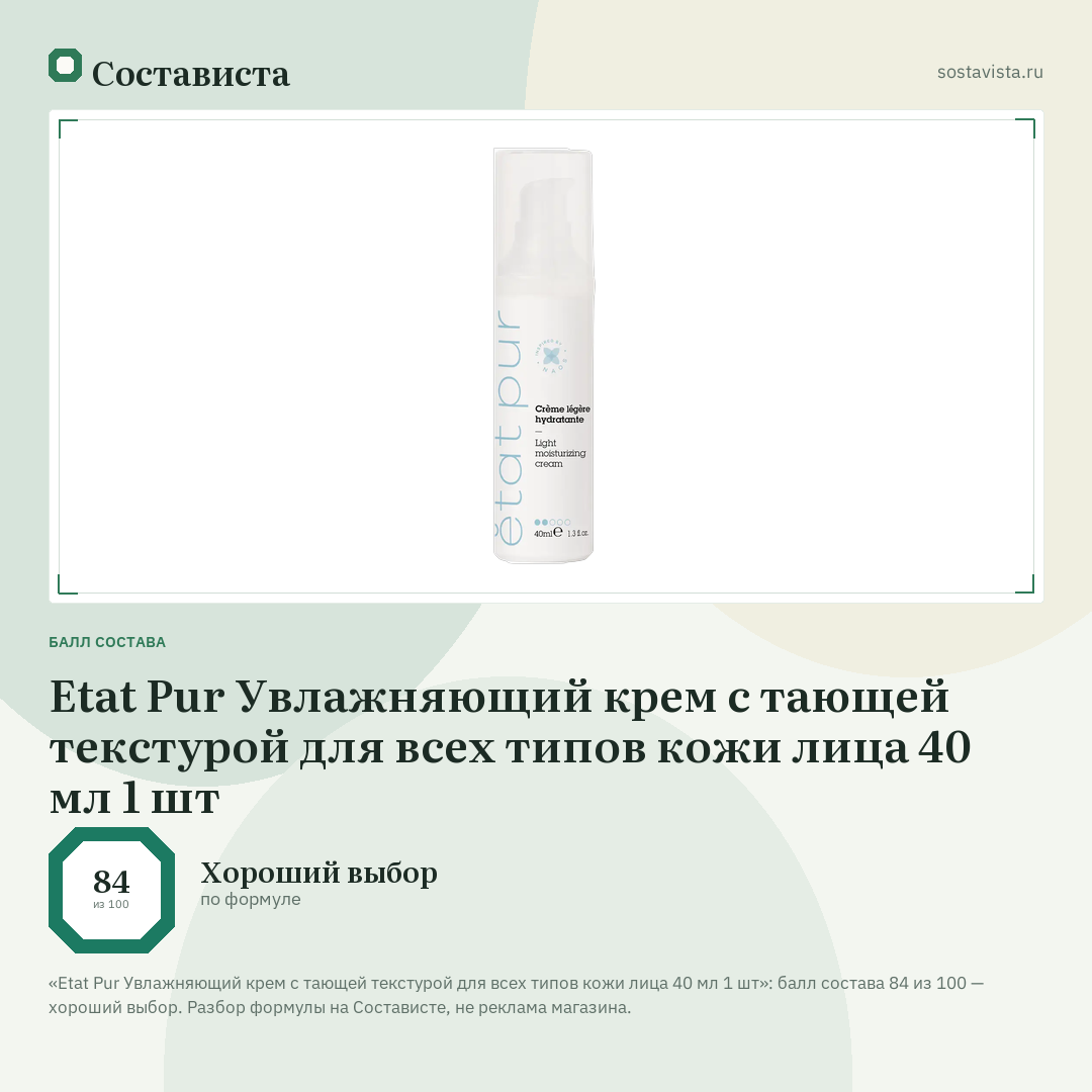 Etat Pur Увлажняющий крем с тающей текстурой для всех типов кожи лица 40 мл 1 шт: балл состава 84 из 100 — Состависта