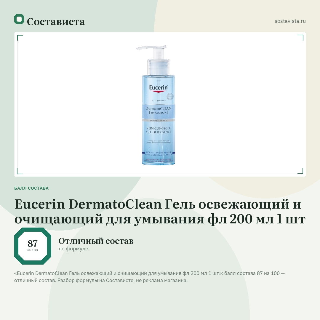 Eucerin DermatoClean Гель освежающий и очищающий для умывания фл 200 мл 1 шт: балл состава 87 из 100 — Состависта