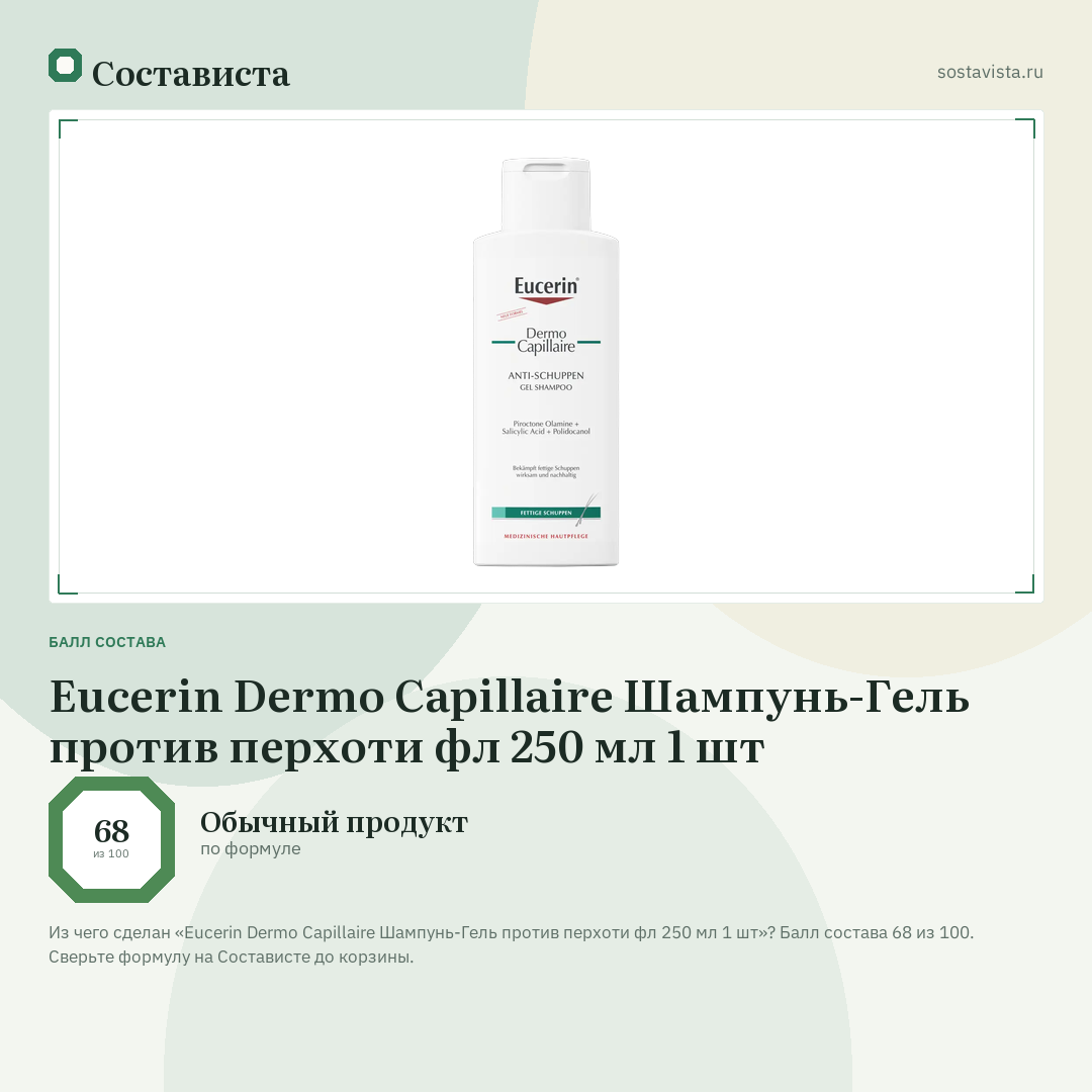 Eucerin Dermo Capillaire Шампунь-Гель против перхоти фл 250 мл 1 шт: балл состава 68 из 100 — Состависта