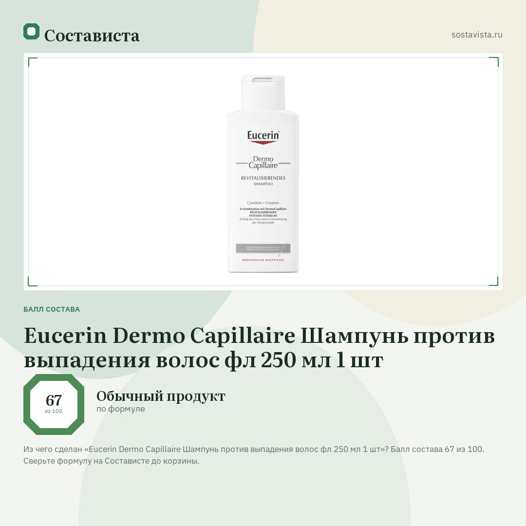 Eucerin Dermo Capillaire Шампунь против выпадения волос фл 250 мл 1 шт: балл состава 67 из 100 — Состависта