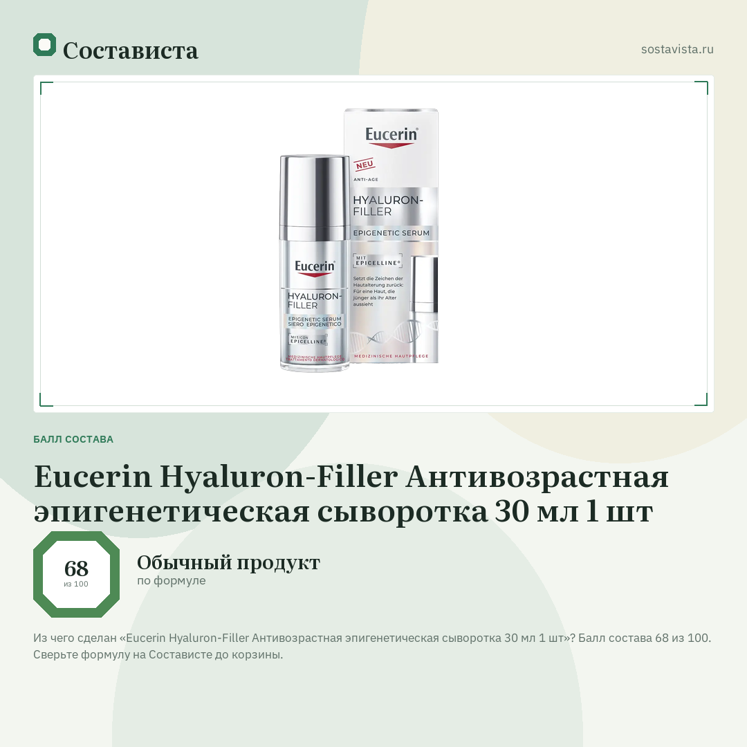 Eucerin Hyaluron-Filler Антивозрастная эпигенетическая сыворотка 30 мл 1 шт: балл состава 68 из 100 — Состависта