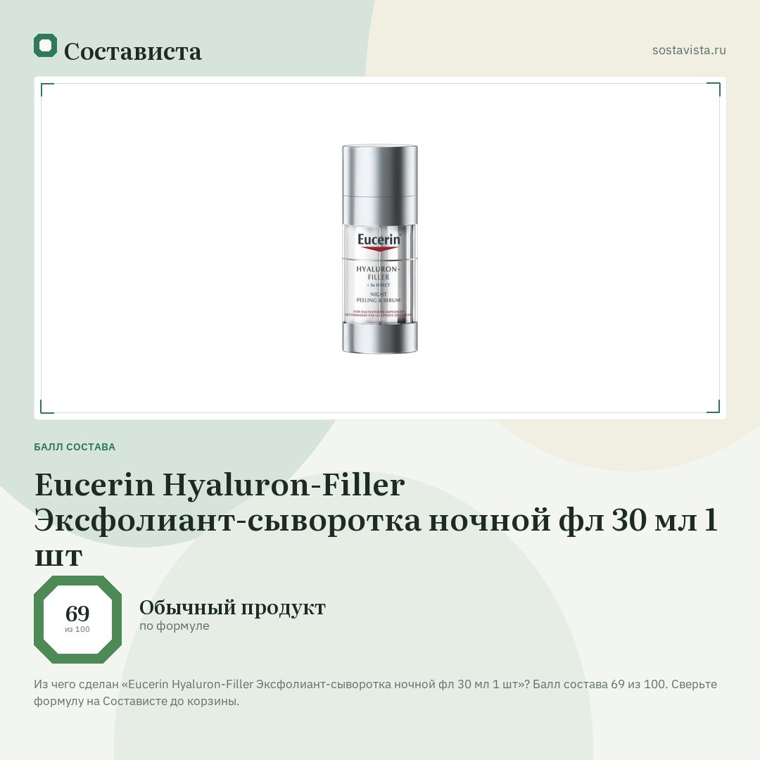 Eucerin Hyaluron-Filler Эксфолиант-сыворотка ночной фл 30 мл 1 шт: балл состава 69 из 100 — Состависта