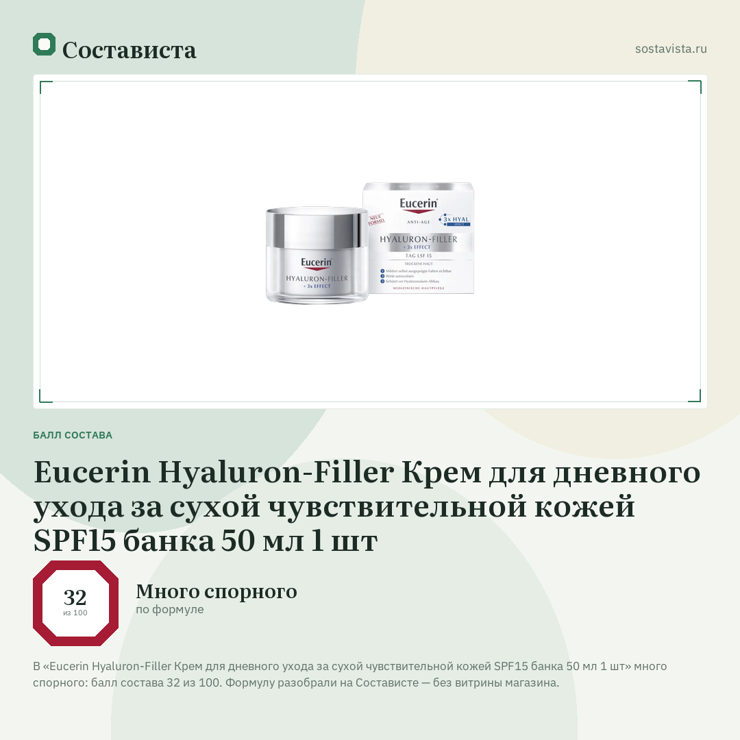 Eucerin Hyaluron-Filler Крем для дневного ухода за сухой чувствительной кожей SPF15 банка 50 мл 1 шт: балл состава 32 из 100 — Состависта