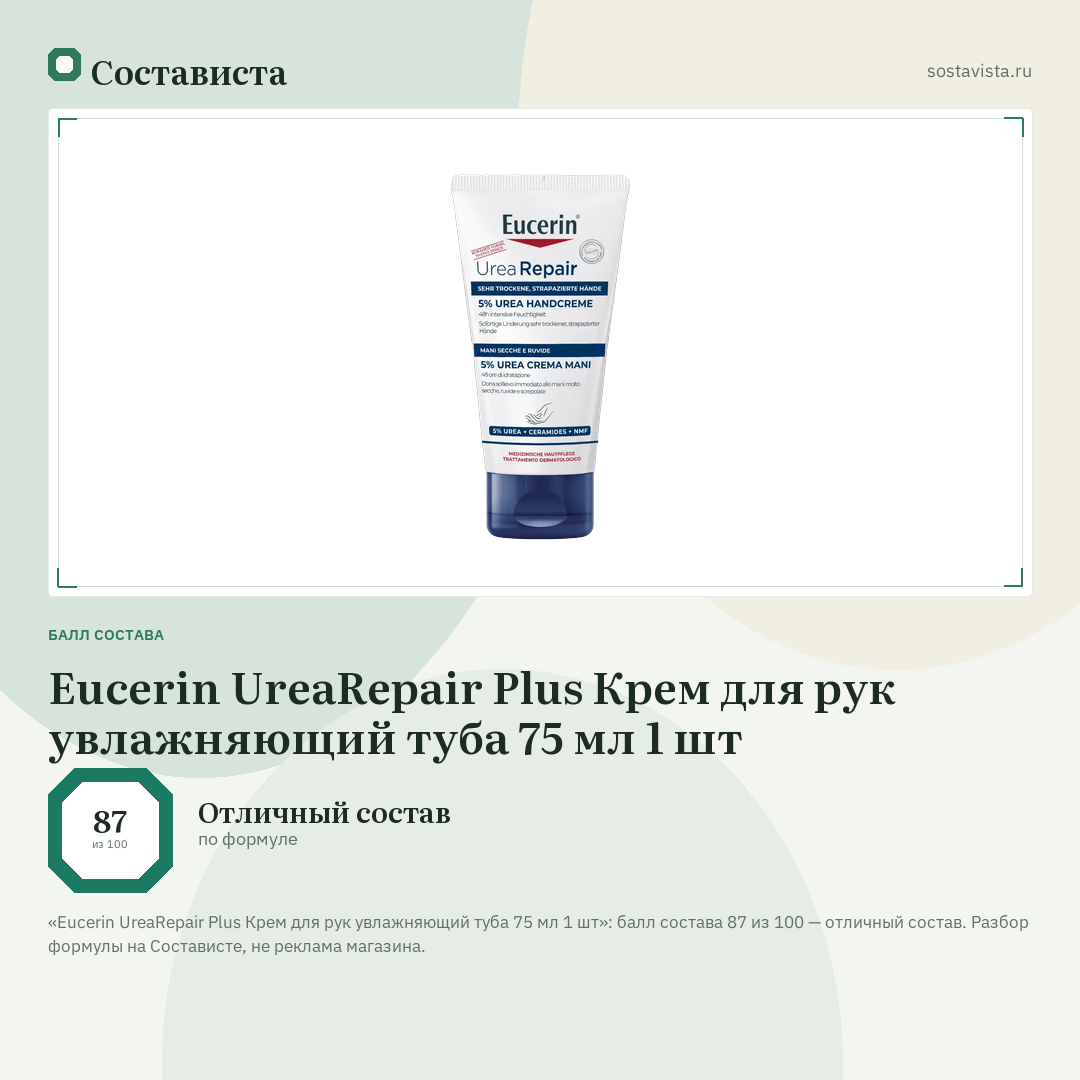 Eucerin UreaRepair Plus Крем для рук увлажняющий туба 75 мл 1 шт: балл состава 87 из 100 — Состависта